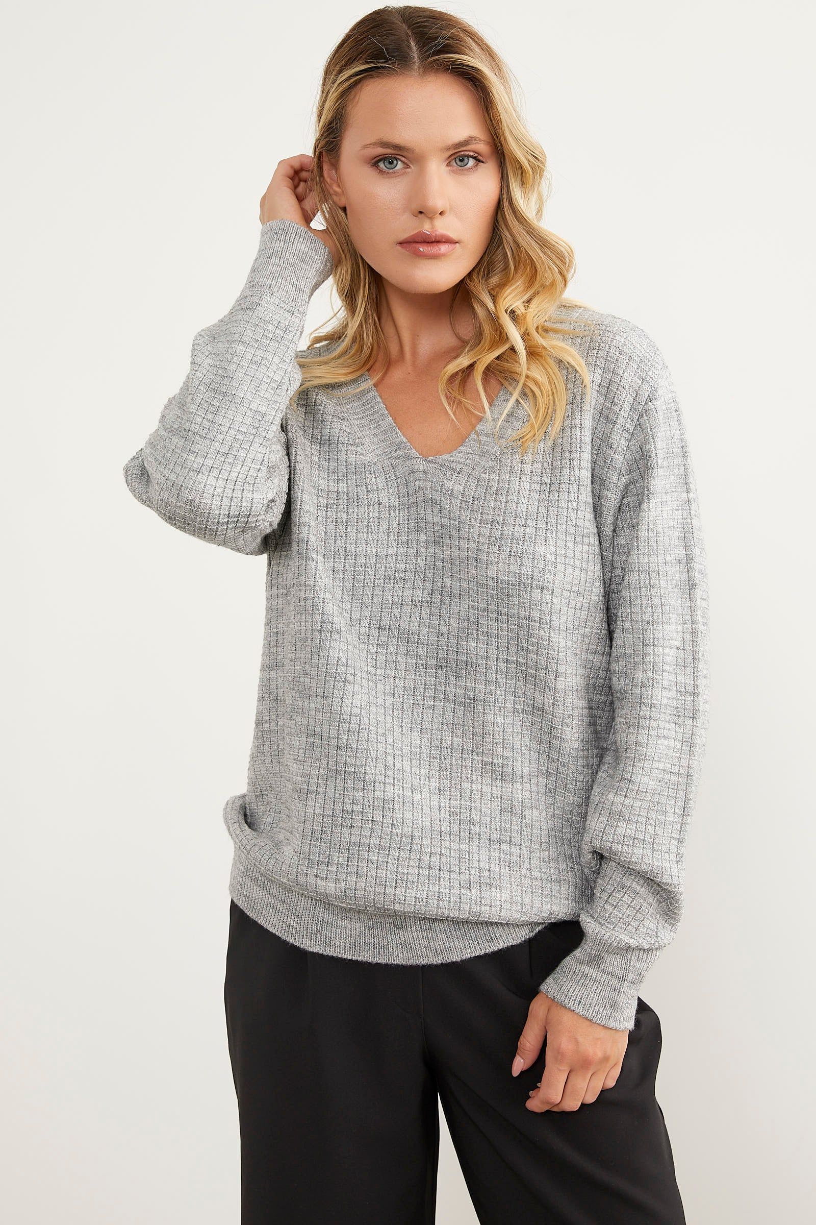 Petek Örgü V Yaka Triko Kazak - Açık Gri (3) Sementa