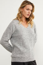 Petek Örgü V Yaka Triko Kazak - Açık Gri (4) Sementa
