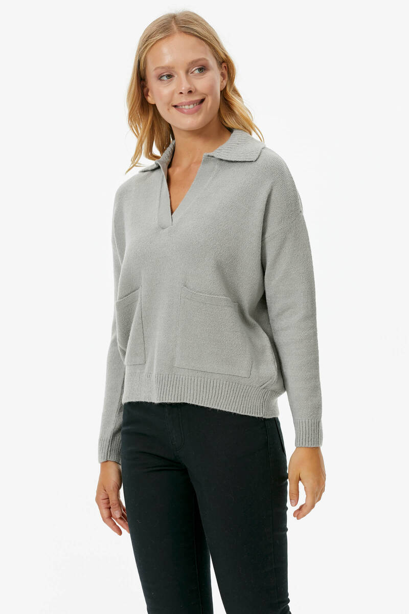 Polo Yaka Cepli Triko Kazak - Açık Gri (3) Sementa
