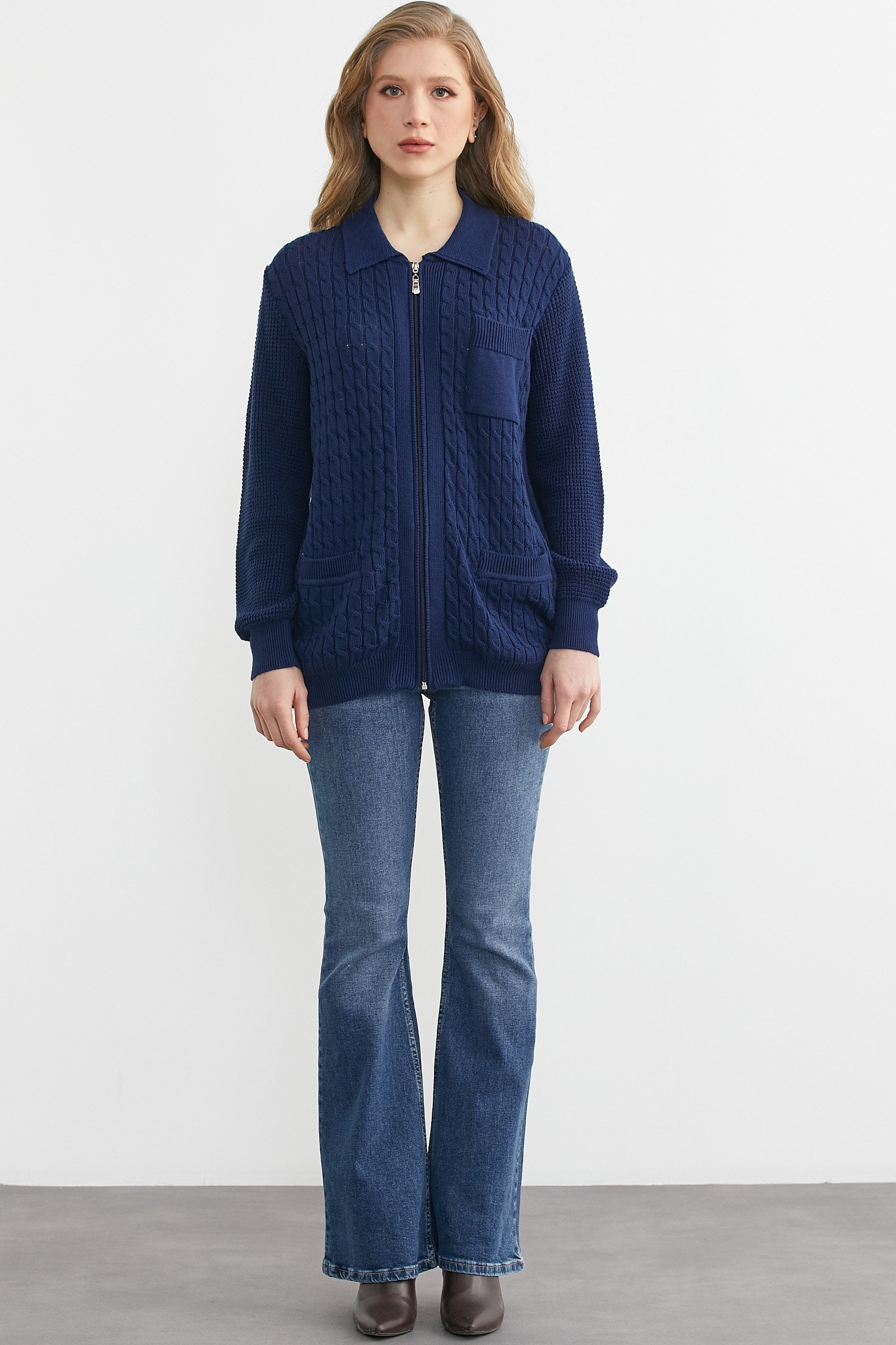 philme mix knit cardigan (unisex、navy) Polo Collar Zip-Up Cotton Knit Cardigan - Navy Blue – SEMENTA