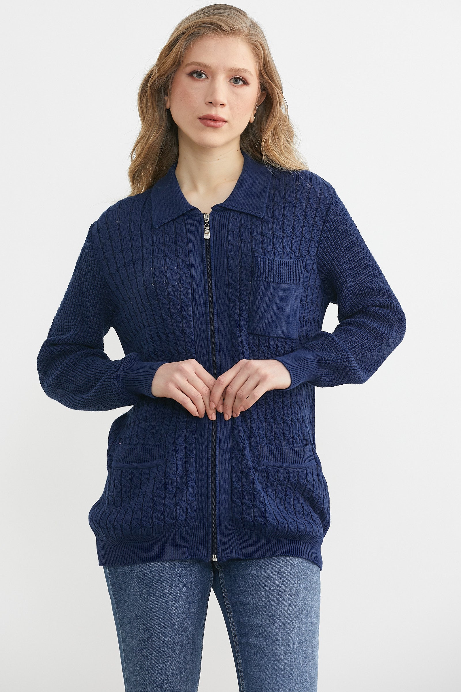 philme mix knit cardigan (unisex、navy) Polo Collar Zip-Up Cotton Knit Cardigan - Navy Blue – SEMENTA