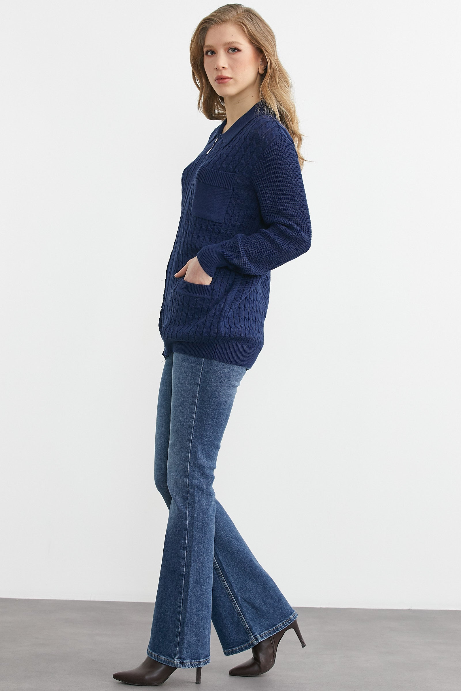 Polo Collar Zip-Up Cotton Knit Cardigan - Navy Blue – SEMENTA
