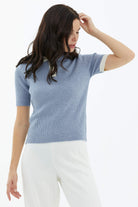 Polo Yaka Patlı Düğmeli Kısa Kollu Triko Kazak - Mavi (3) Sementa