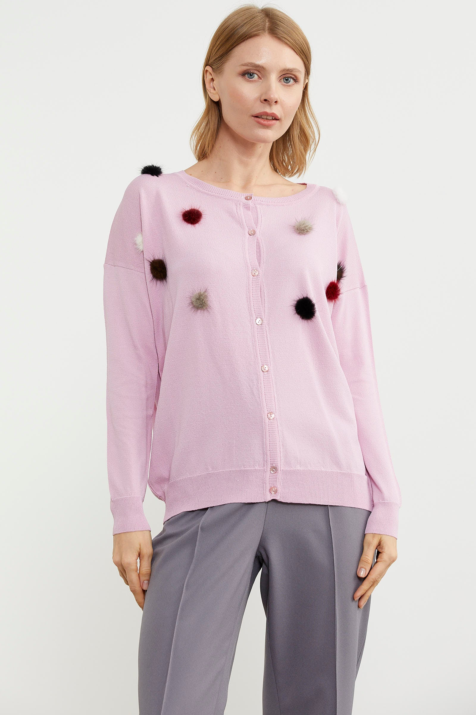 Ponpon Detaylı Basic Triko Hırka - Pembe (1) Sementa