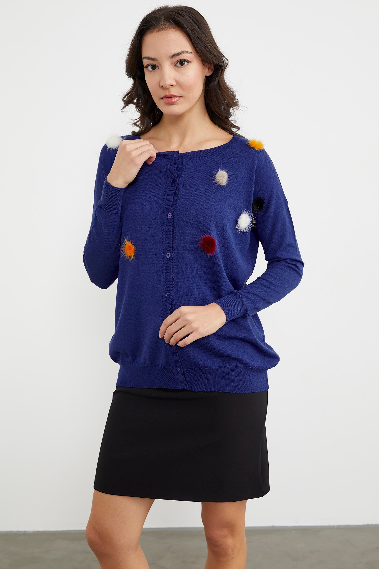 Ponpon Detaylı Basic Triko Hırka - Saks (2) Sementa