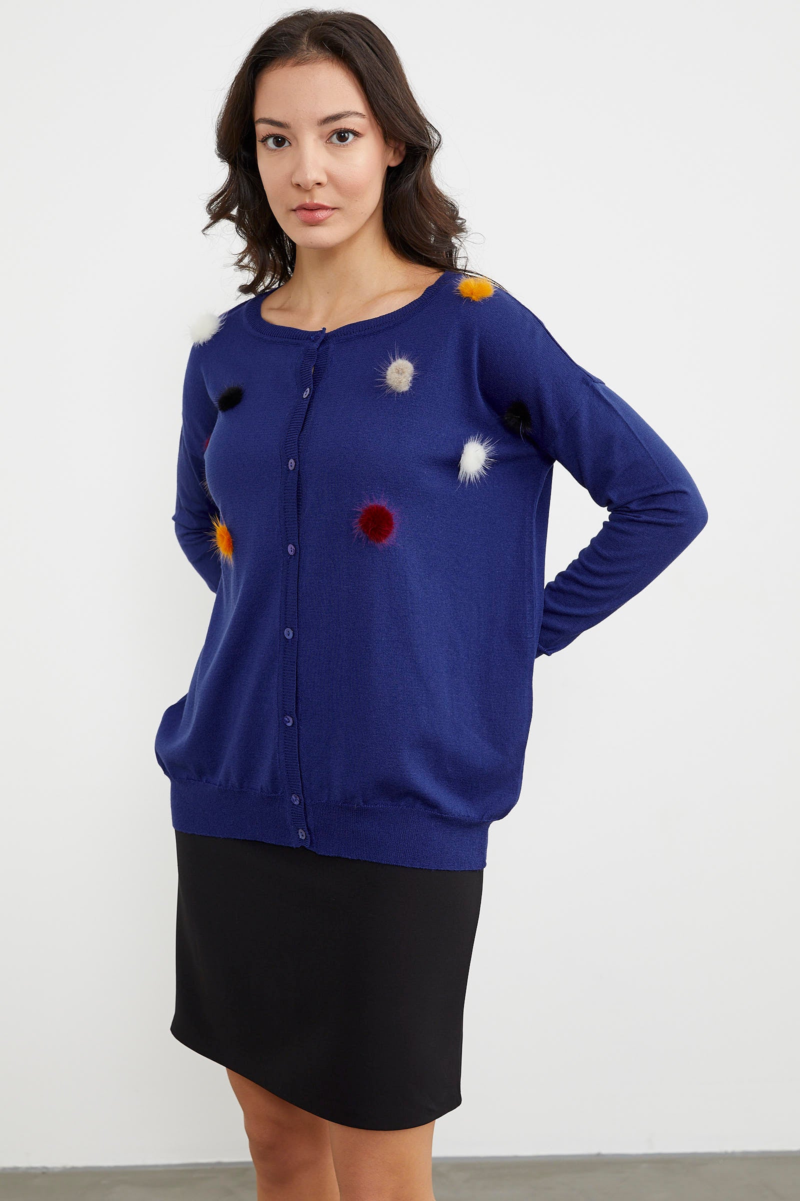 Ponpon Detaylı Basic Triko Hırka - Saks (3) Sementa