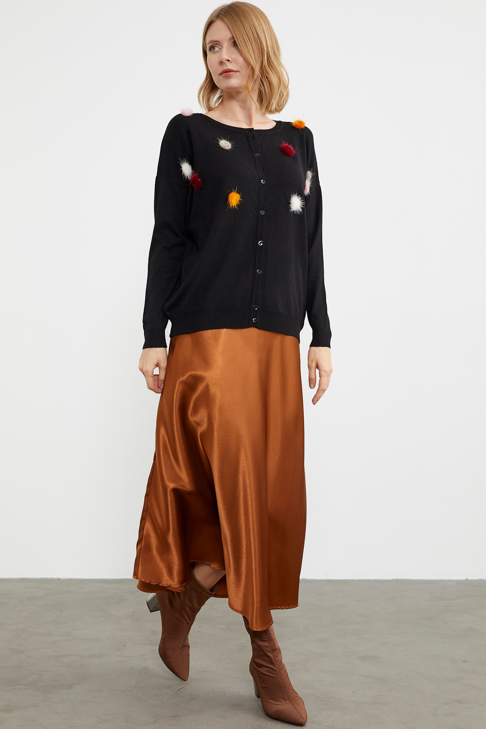 Ponpon Detaylı Basic Triko Hırka - Siyah (2) Sementa