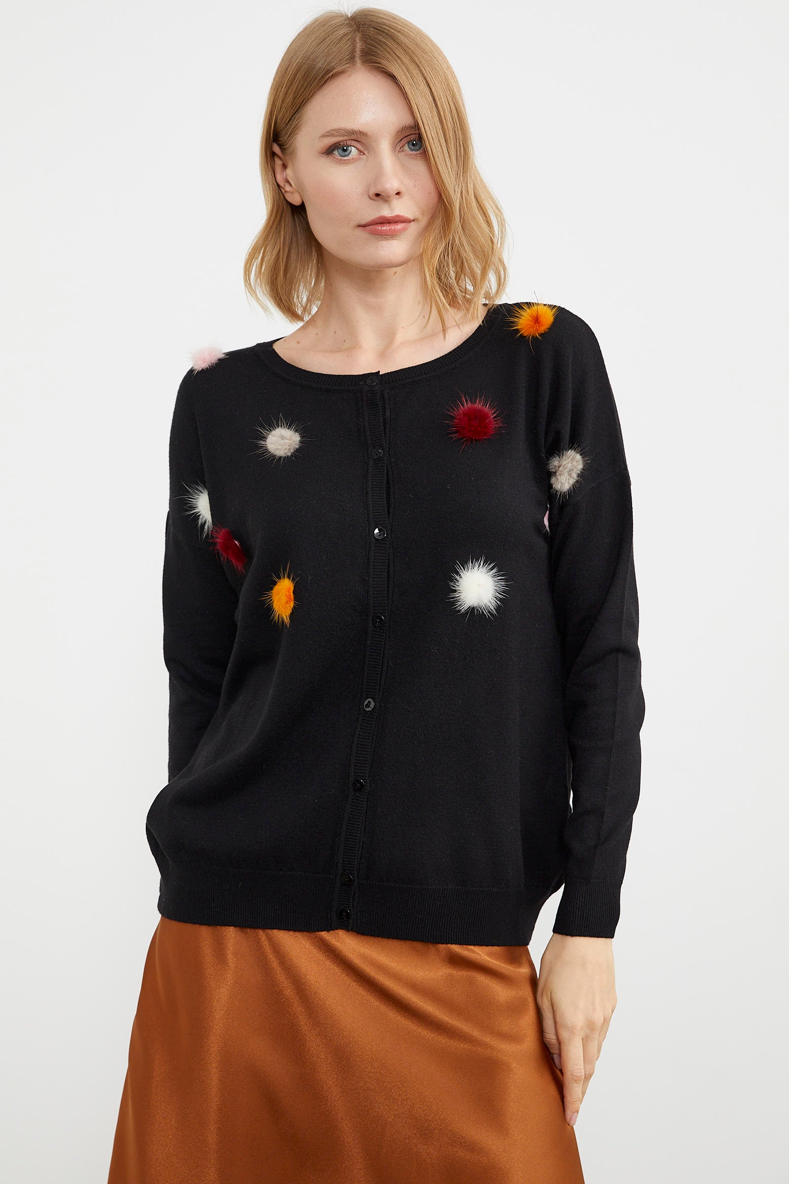 Ponpon Detaylı Basic Triko Hırka - Siyah (1) Sementa