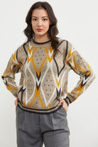 Renkli Baklava Desenli Yünlü Triko Kazak - Bej (1) Sementa