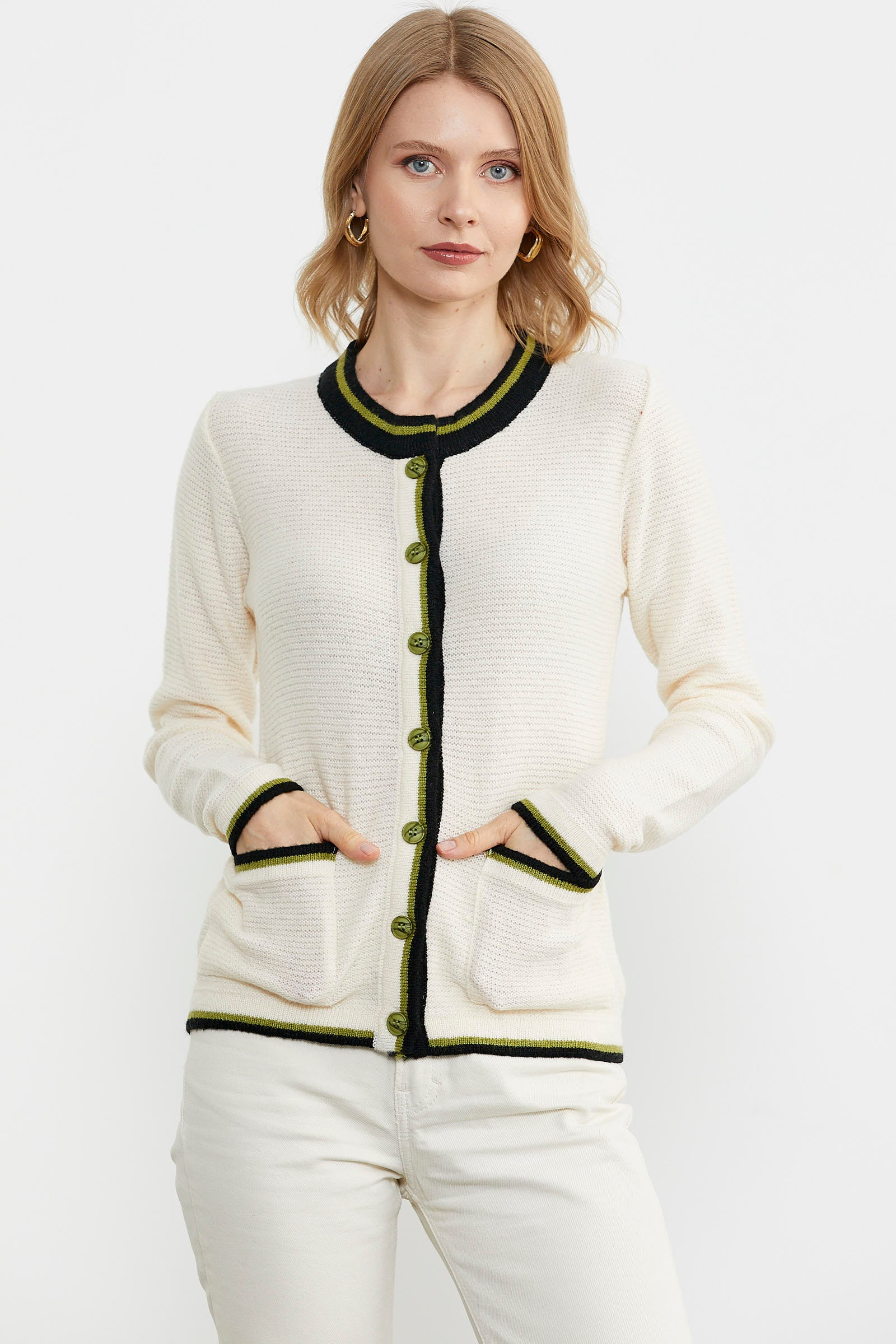 Renkli Cep Detaylı Triko Hırka - Kemik (1) Sementa