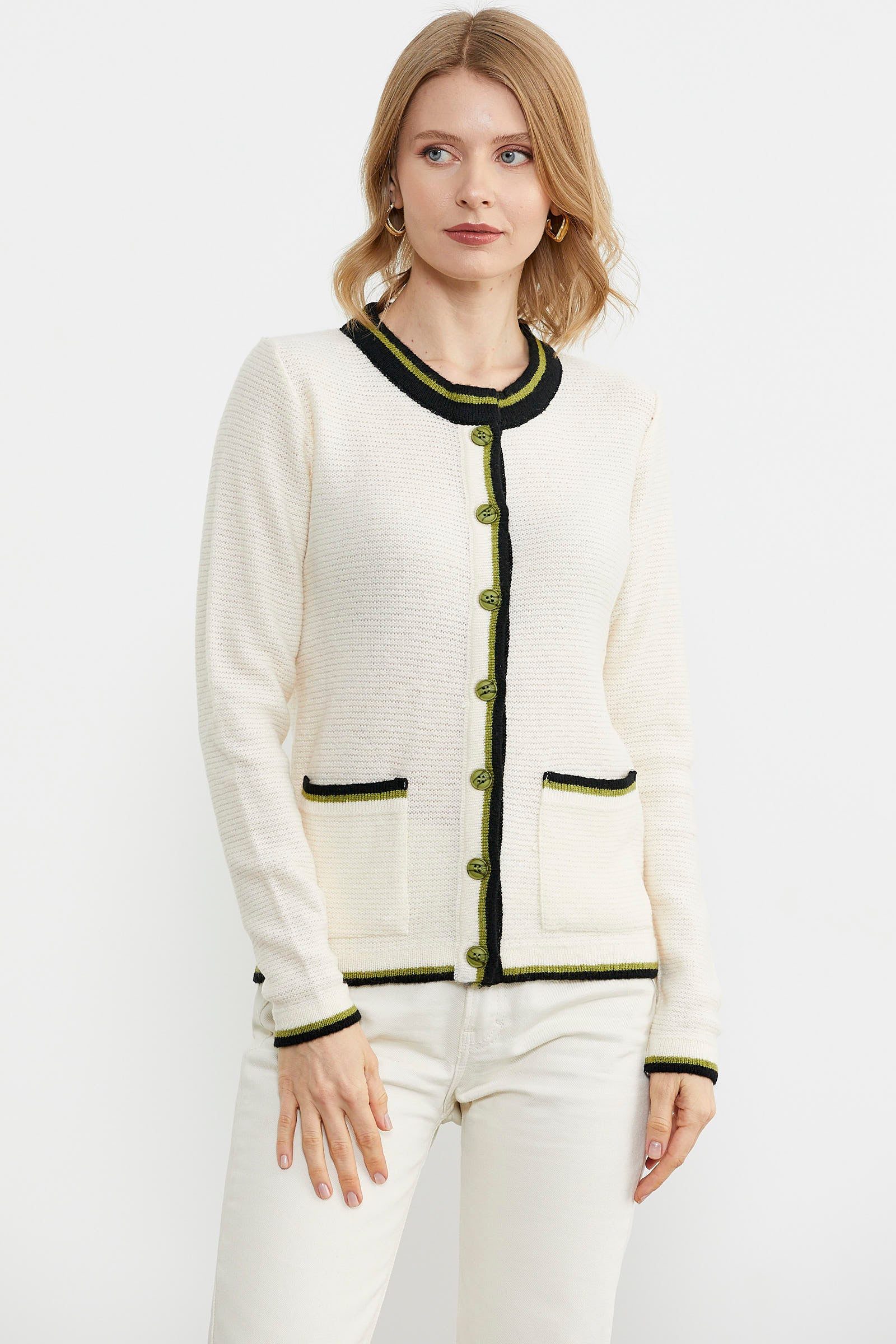 Renkli Cep Detaylı Triko Hırka - Kemik (2) Sementa