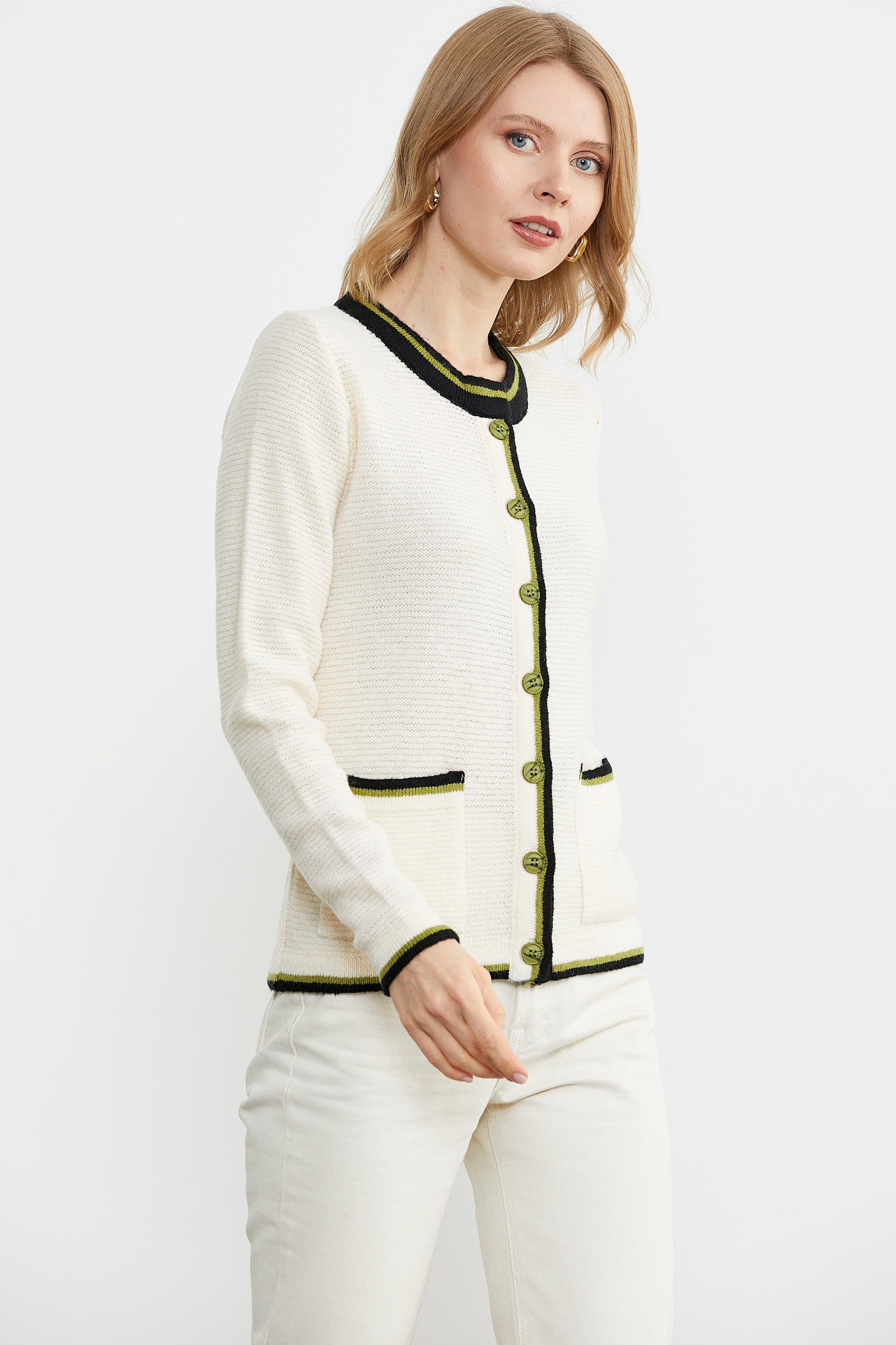 Renkli Cep Detaylı Triko Hırka - Kemik (3) Sementa