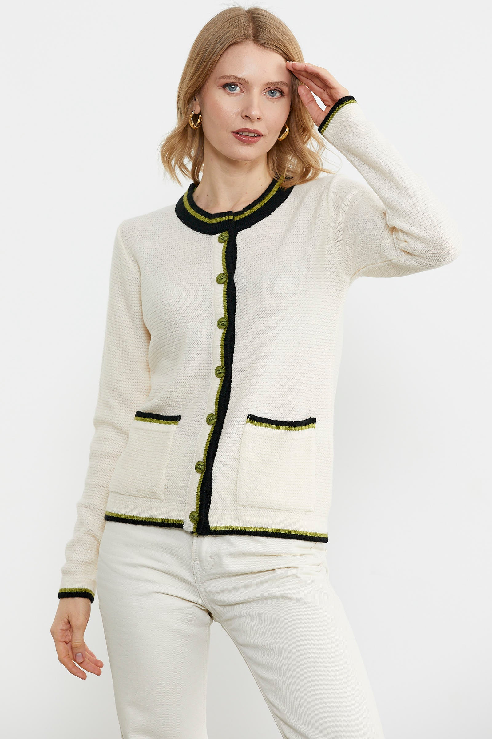 Renkli Cep Detaylı Triko Hırka - Kemik (4) Sementa