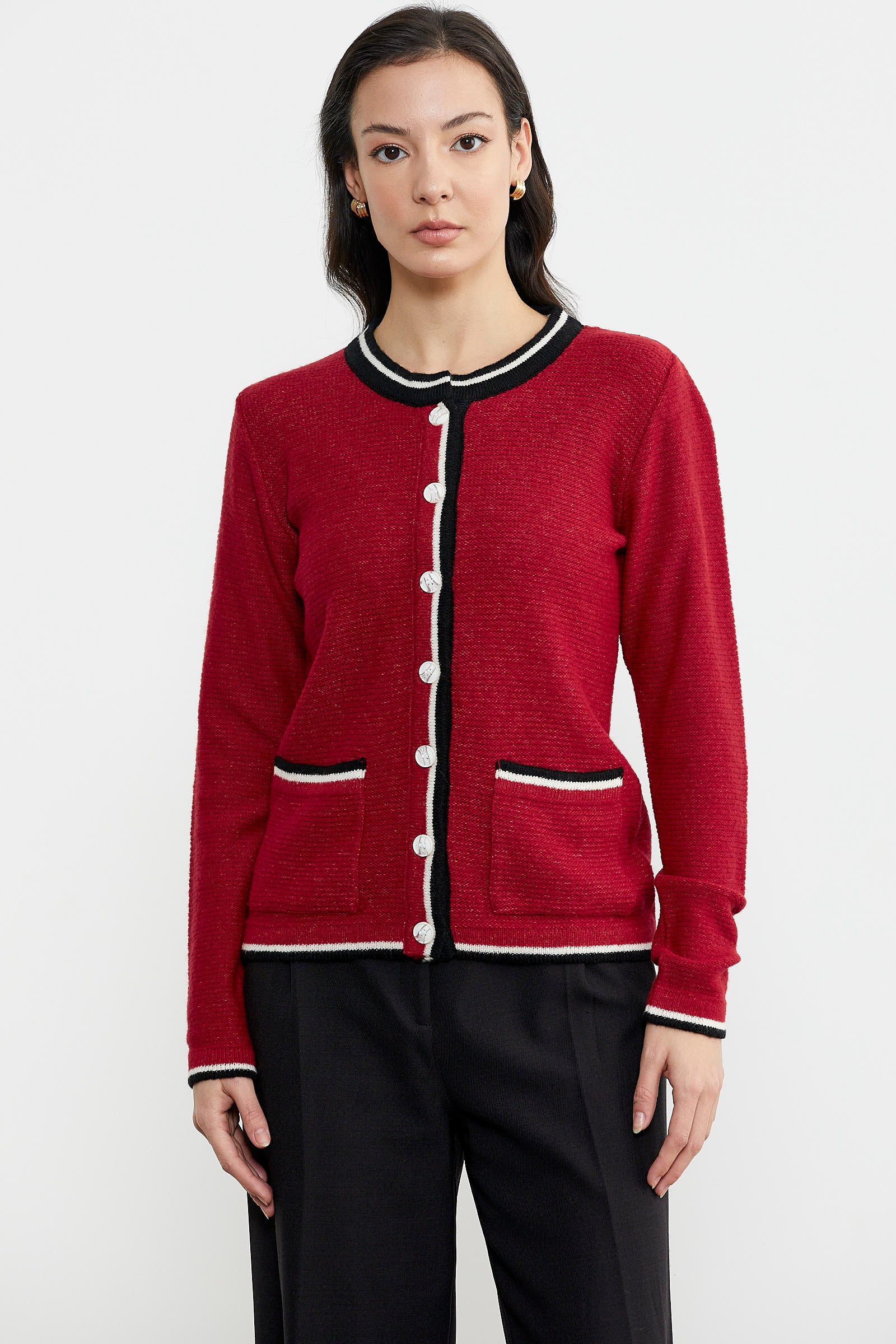 Renkli Cep Detaylı Triko Hırka - Kırmızı (1) Sementa