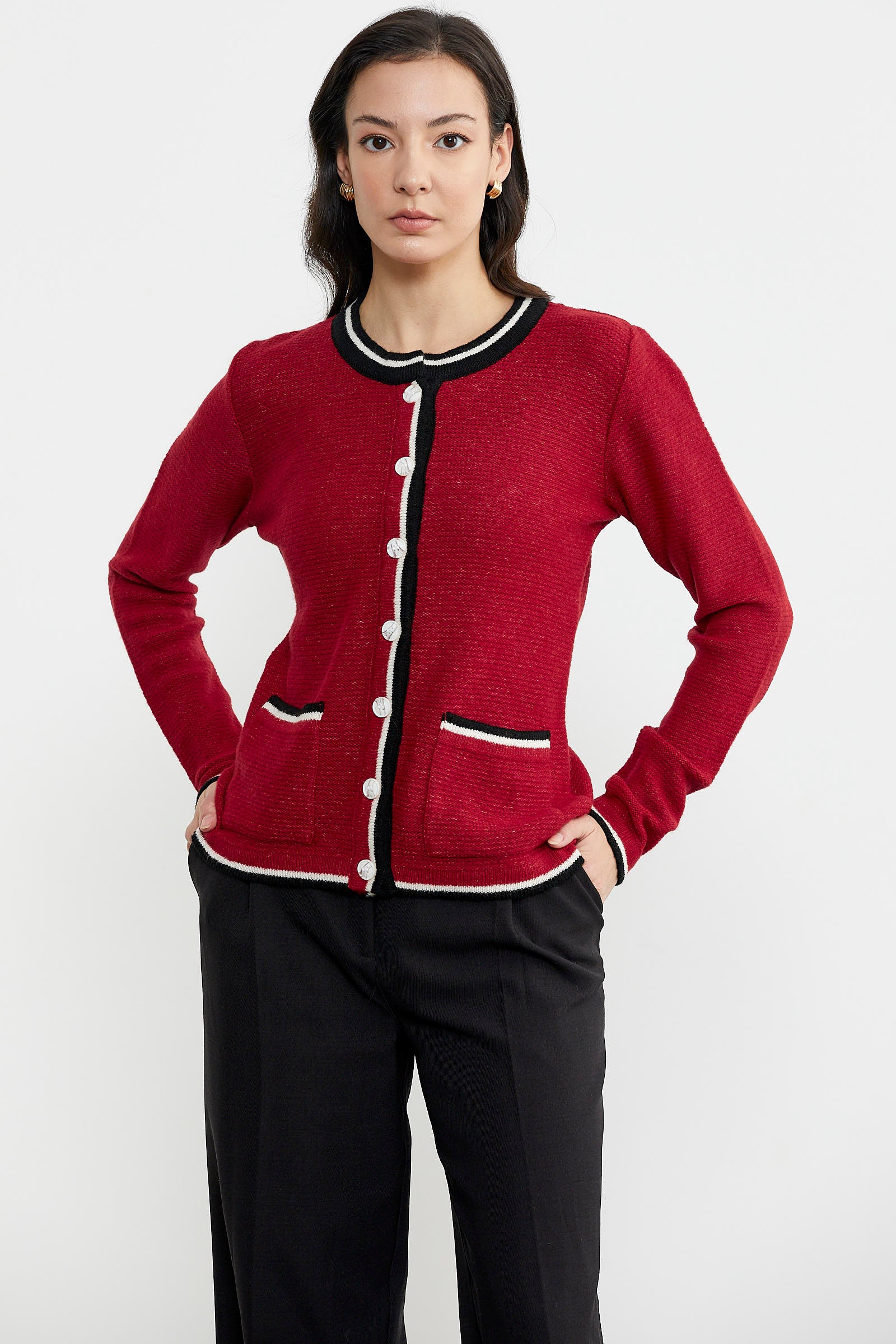 Renkli Cep Detaylı Triko Hırka - Kırmızı (2) Sementa