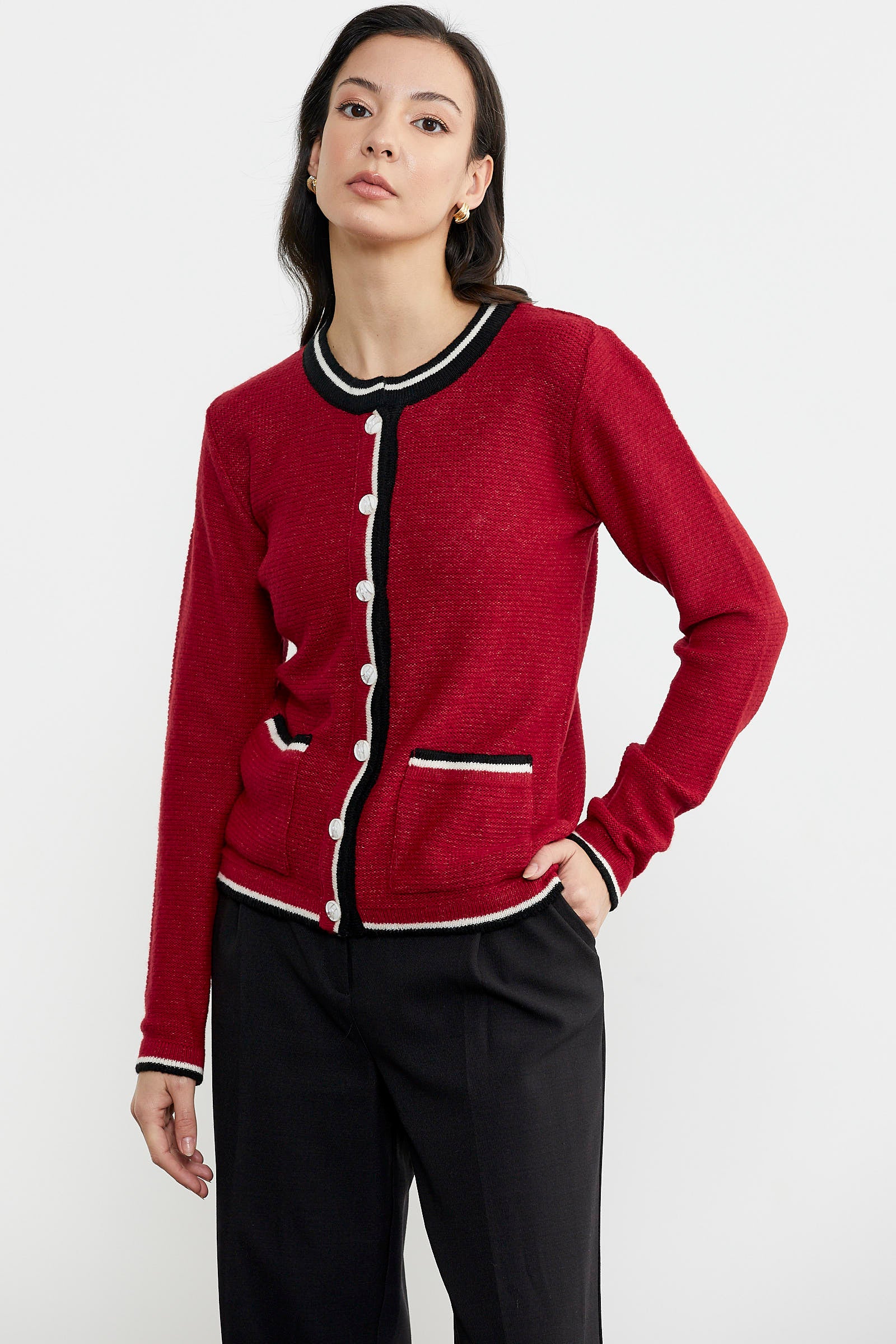 Renkli Cep Detaylı Triko Hırka - Kırmızı (3) Sementa