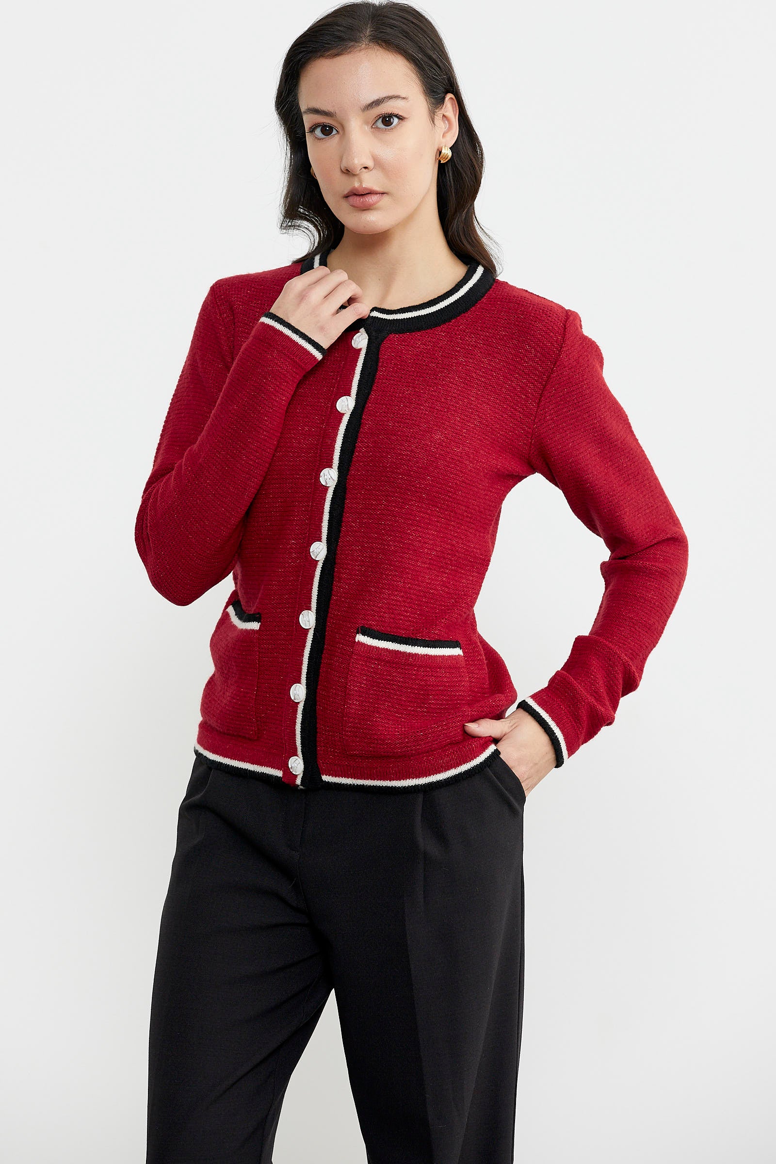 Renkli Cep Detaylı Triko Hırka - Kırmızı (4) Sementa