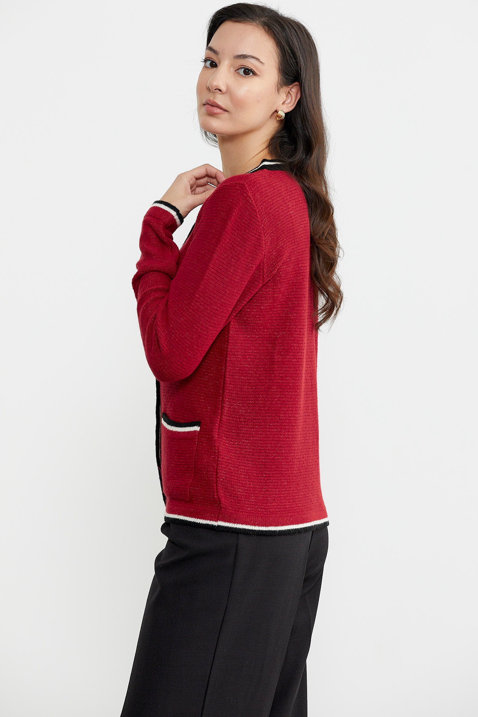 Renkli Cep Detaylı Triko Hırka - Kırmızı (5) Sementa