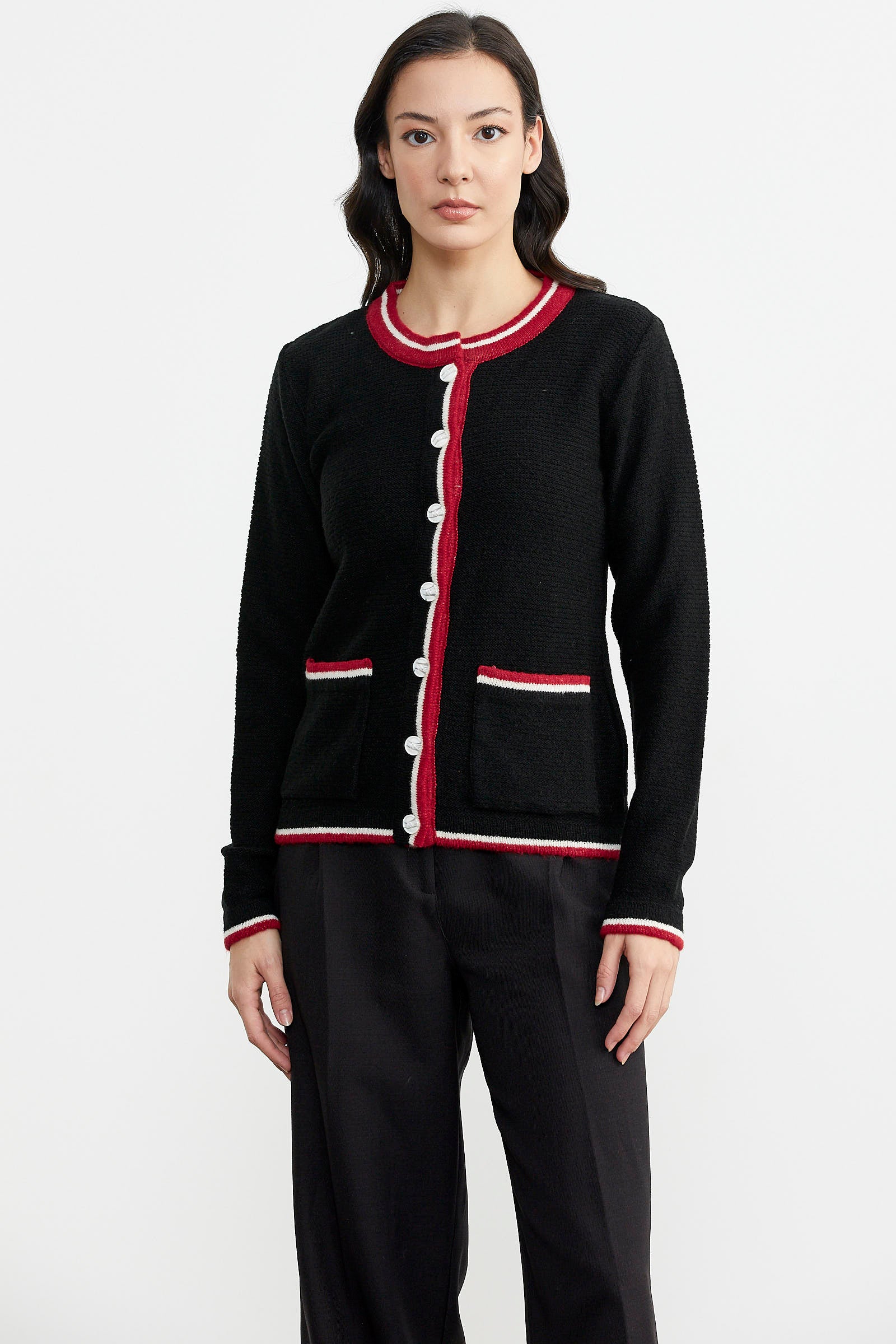 Renkli Cep Detaylı Triko Hırka - Siyah (1) Sementa