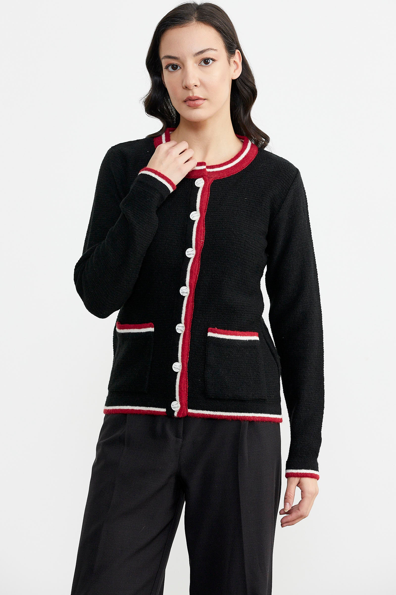 Renkli Cep Detaylı Triko Hırka - Siyah (2) Sementa