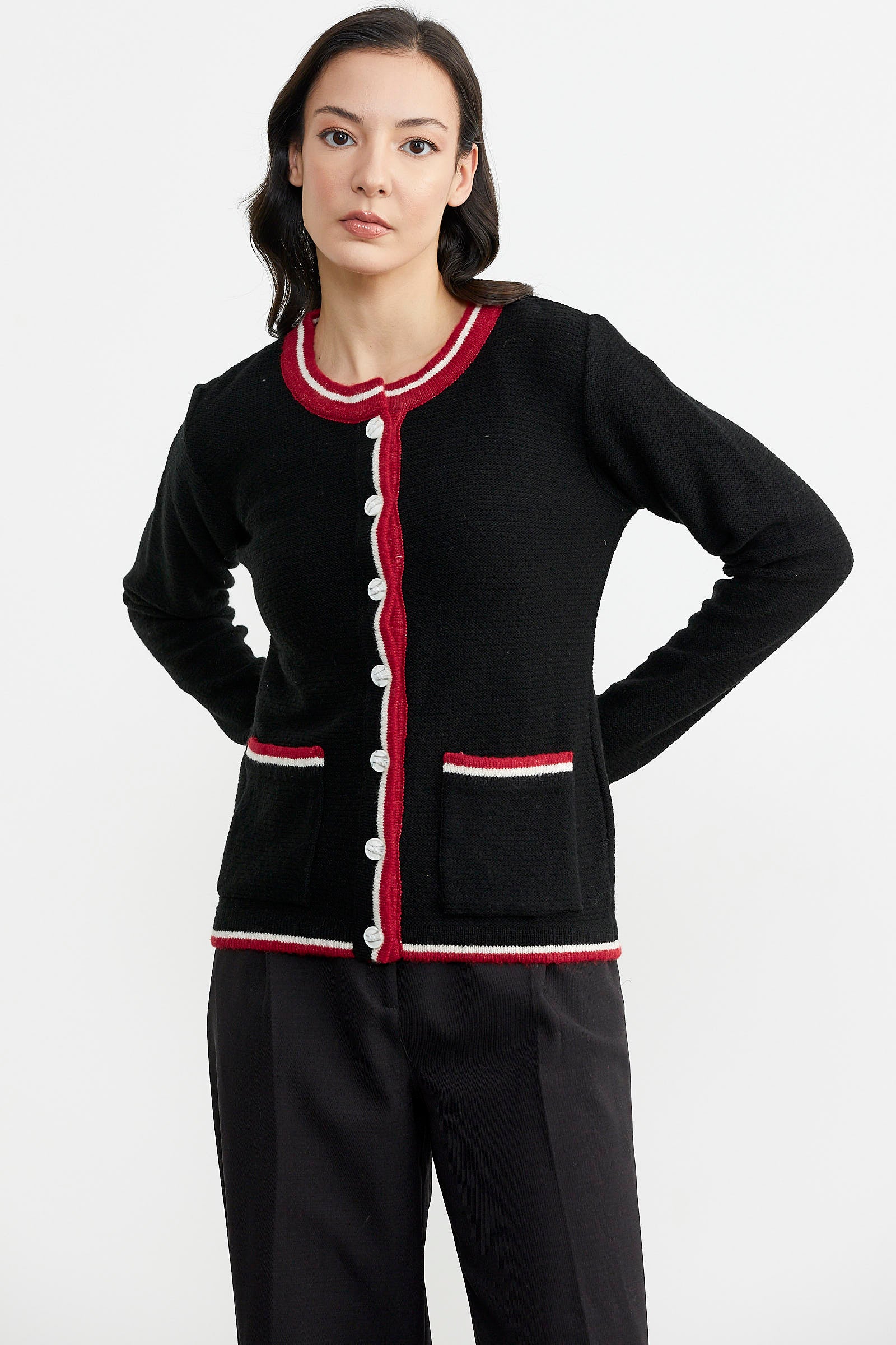 Renkli Cep Detaylı Triko Hırka - Siyah (3) Sementa