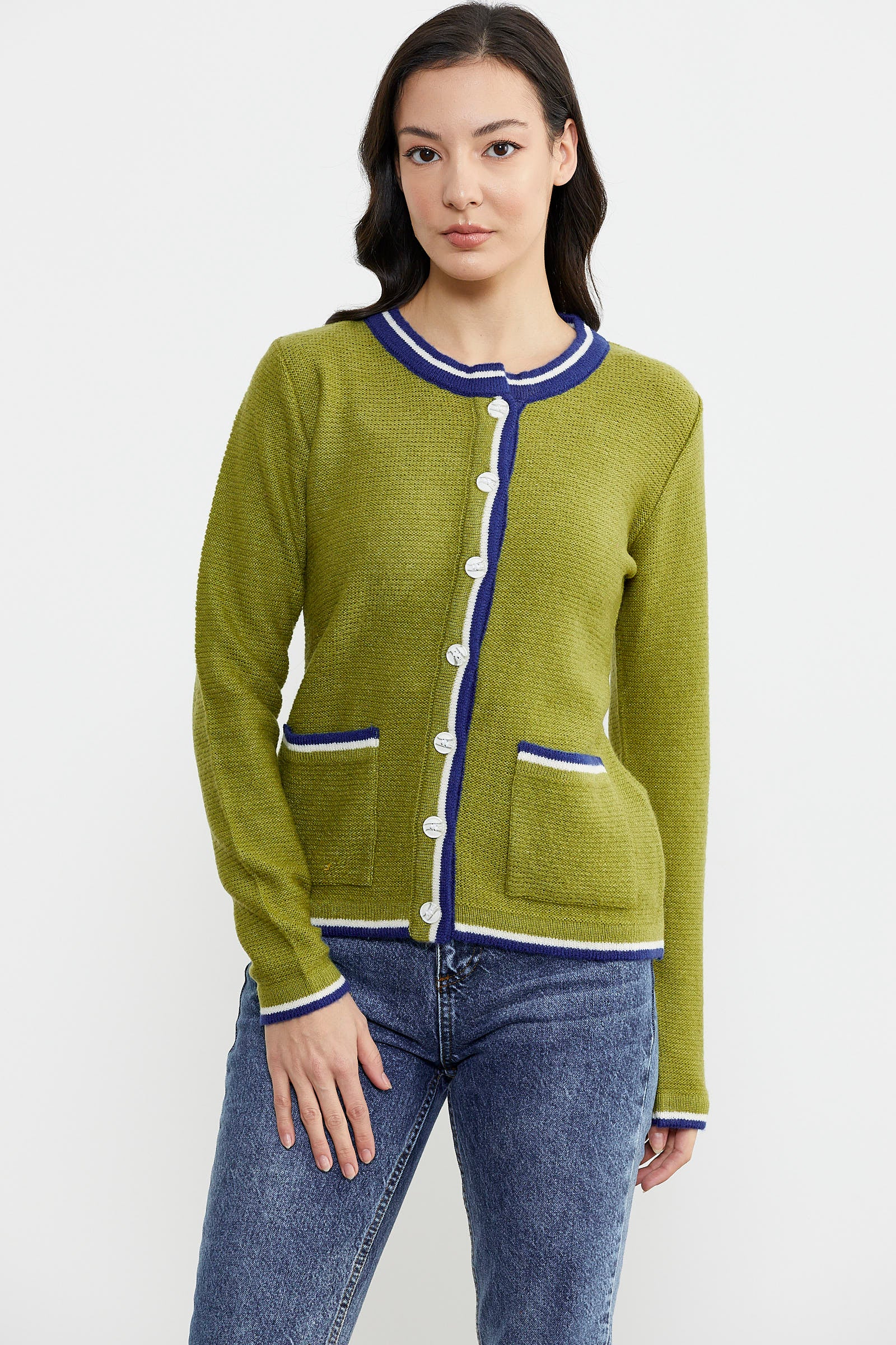 Renkli Cep Detaylı Triko Hırka - Yeşil (1) Sementa