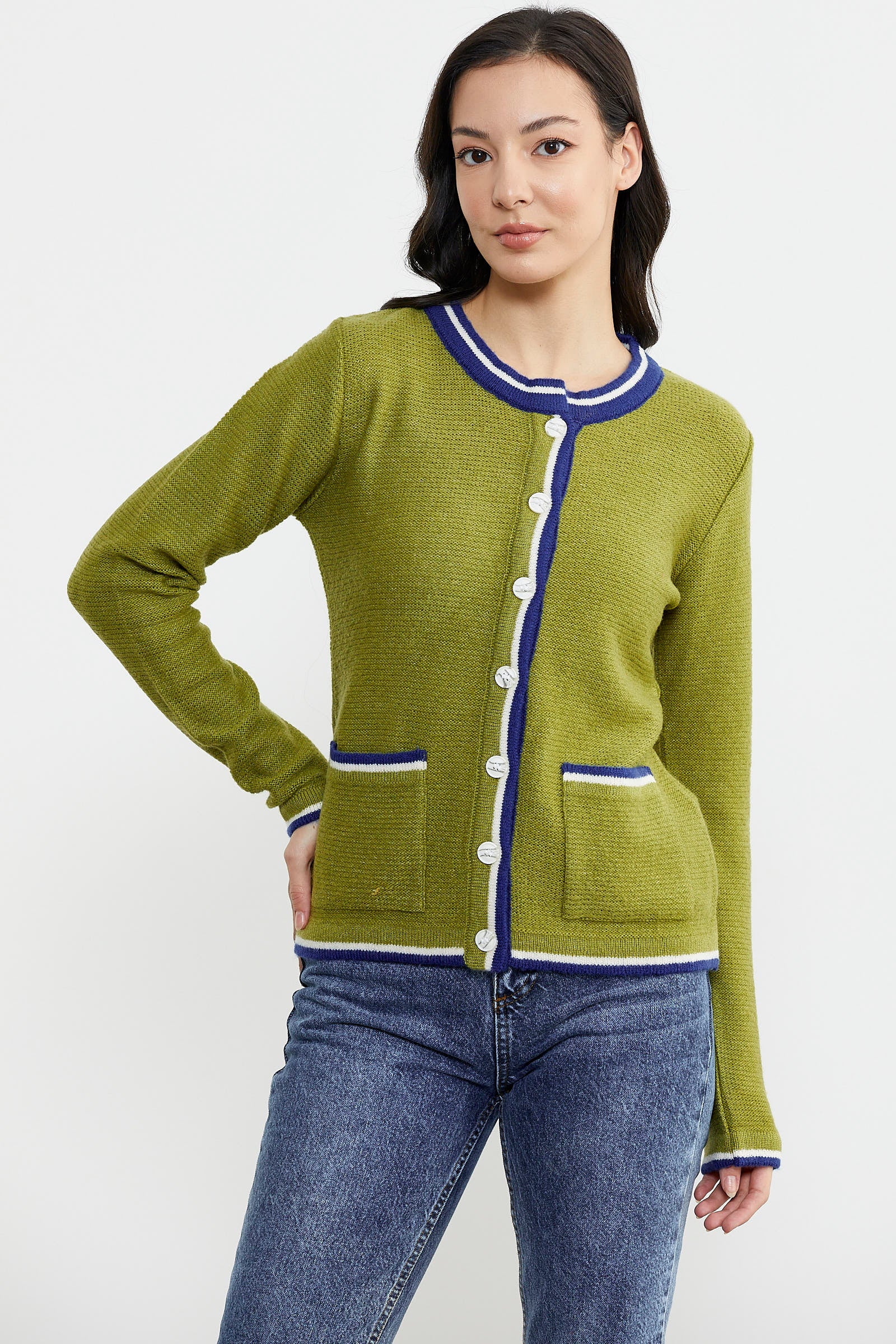 Renkli Cep Detaylı Triko Hırka - Yeşil (2) Sementa