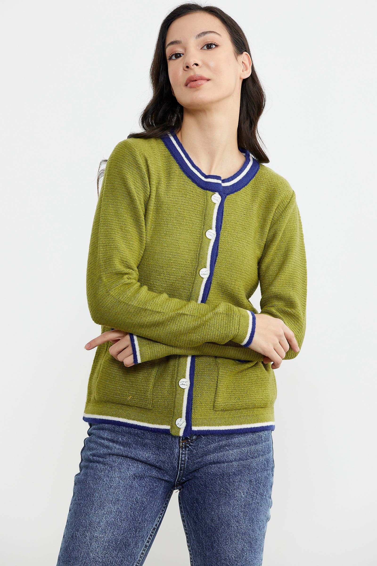 Renkli Cep Detaylı Triko Hırka - Yeşil (3) Sementa