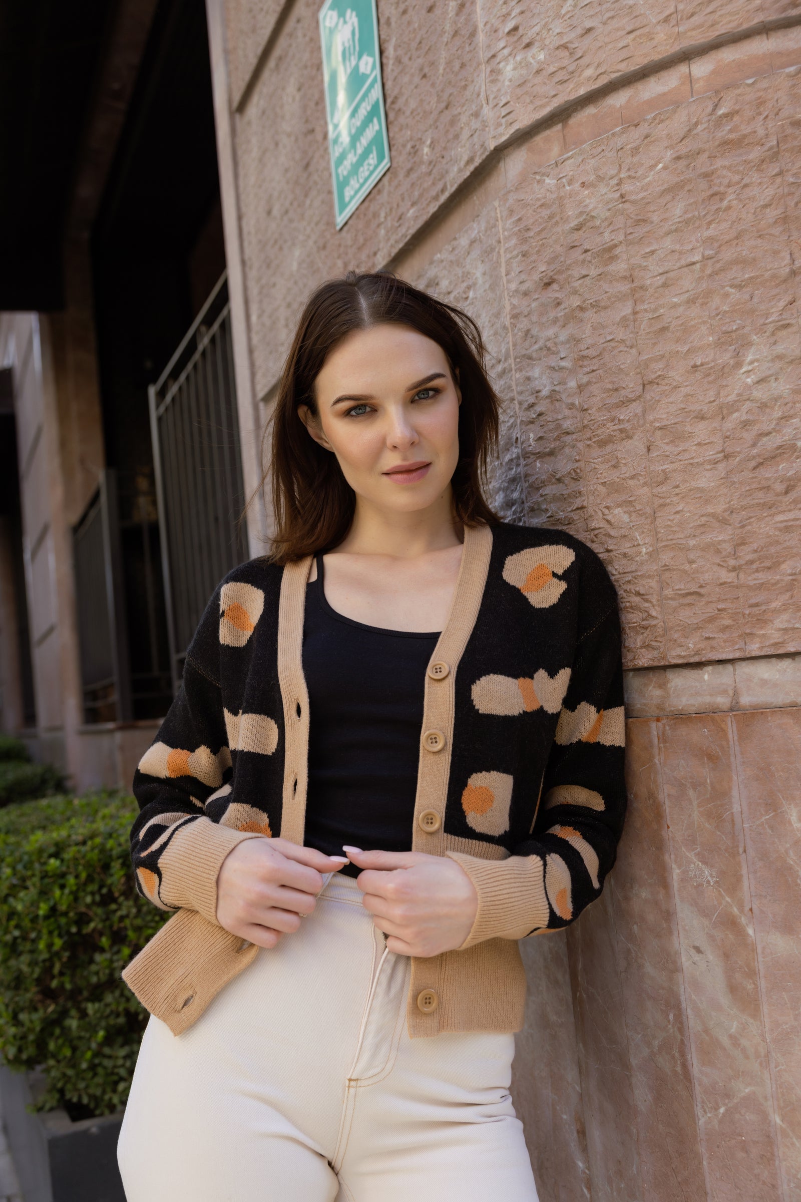 Renkli Desenli Düğmeli Triko Hırka - Bej - Sementa