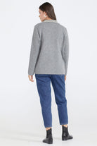 Renkli Desenli Polo Yaka Kadın Triko Ceket - Gri - Yeşil (4) Sementa