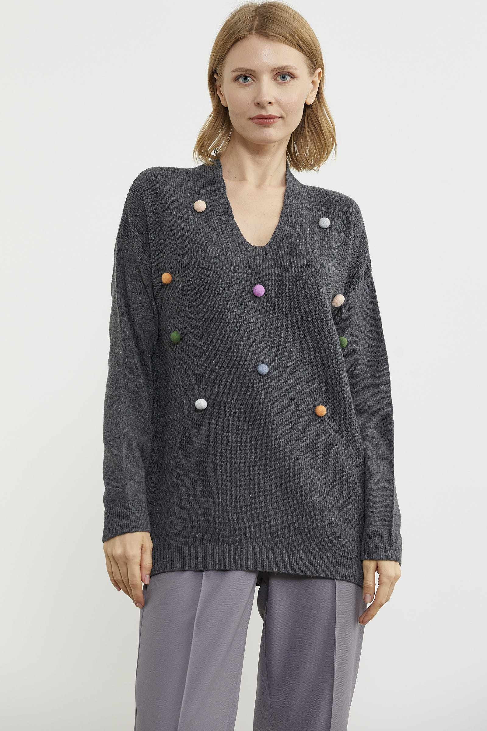 Renkli Ponpon Detaylı Triko Kazak - Koyu Gri (1) Sementa