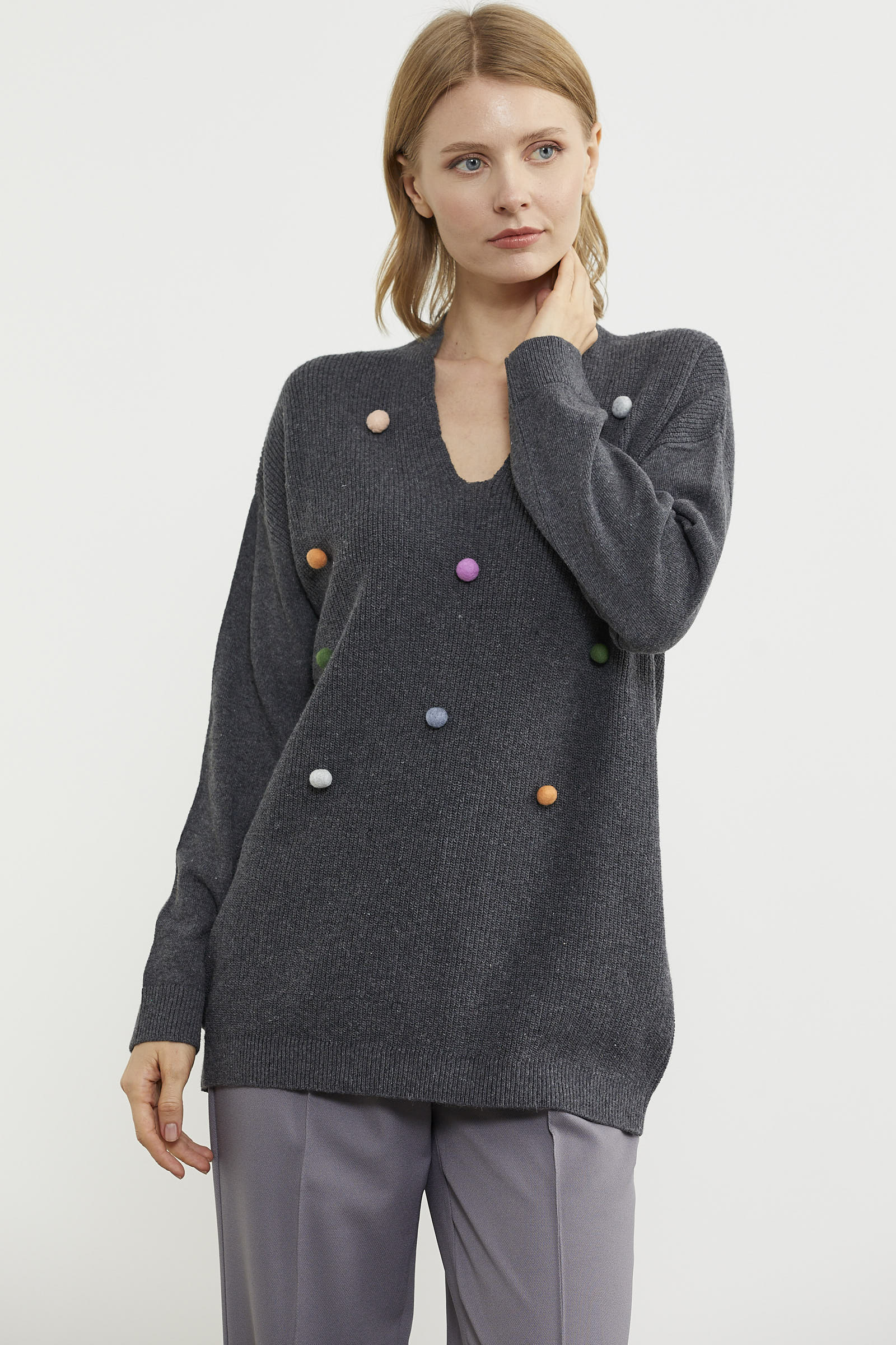 Renkli Ponpon Detaylı Triko Kazak - Koyu Gri (3) Sementa