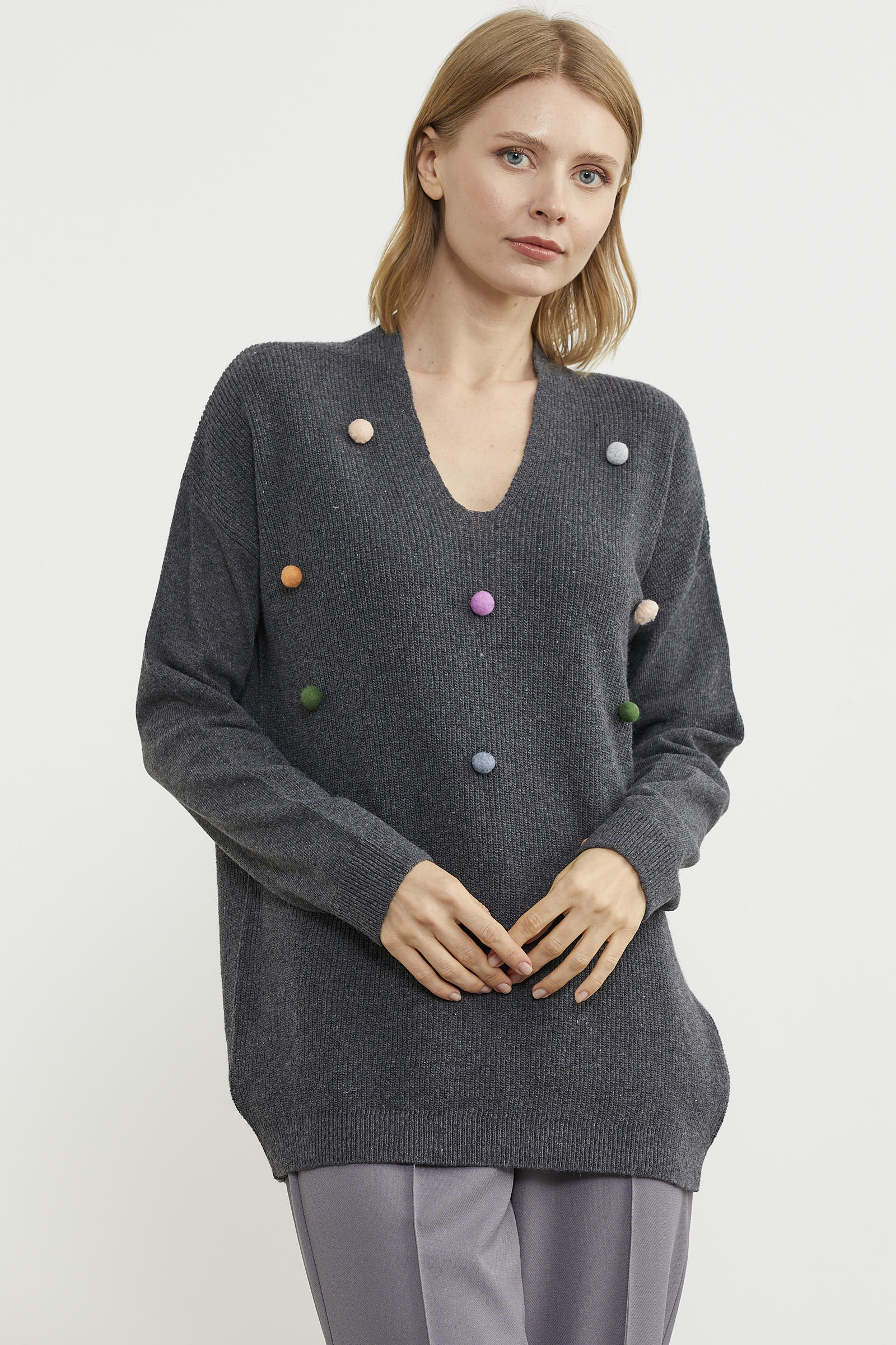 Renkli Ponpon Detaylı Triko Kazak - Koyu Gri (2) Sementa