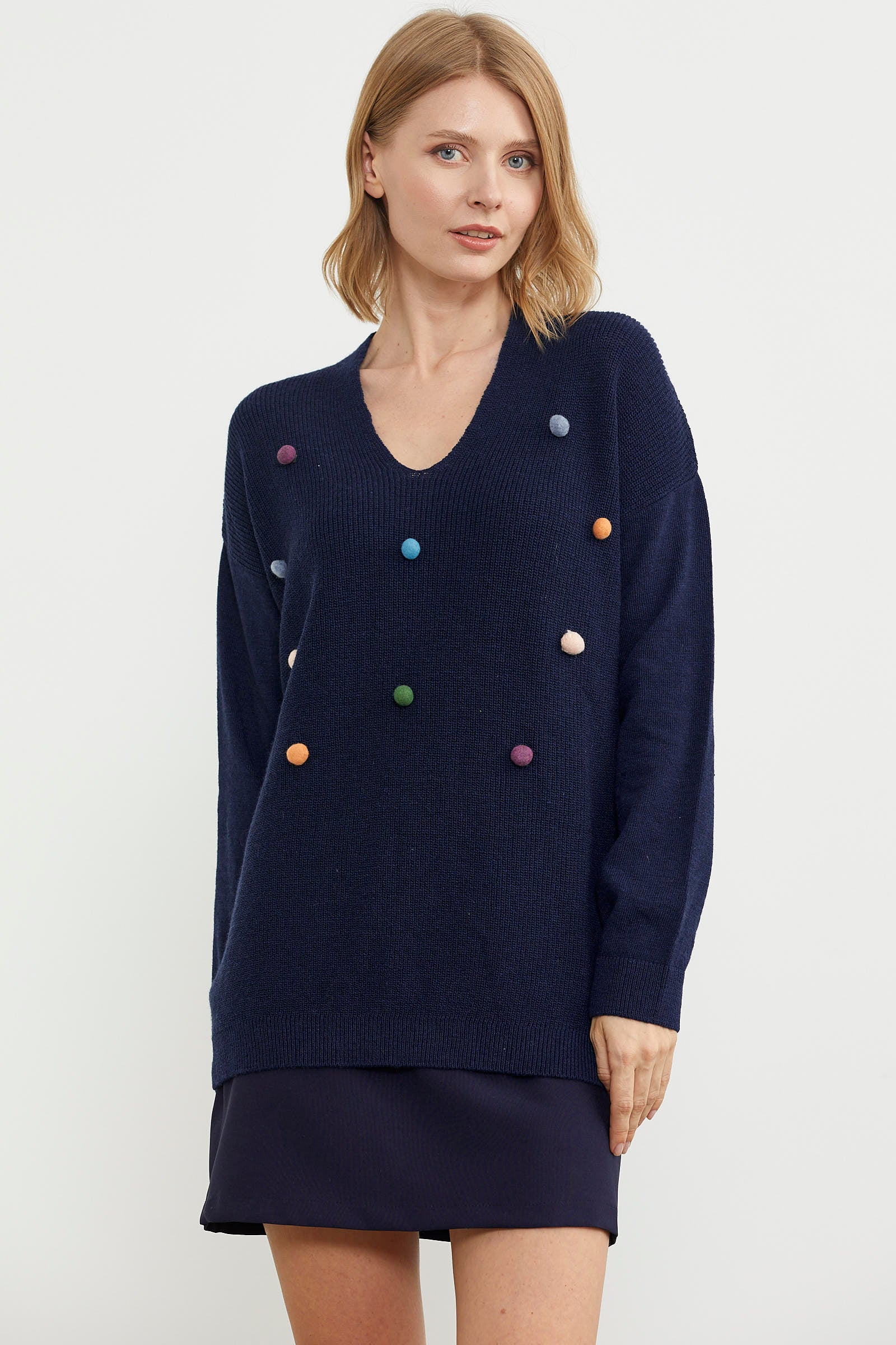 Renkli Ponpon Detaylı Triko Kazak - Lacivert (1) Sementa