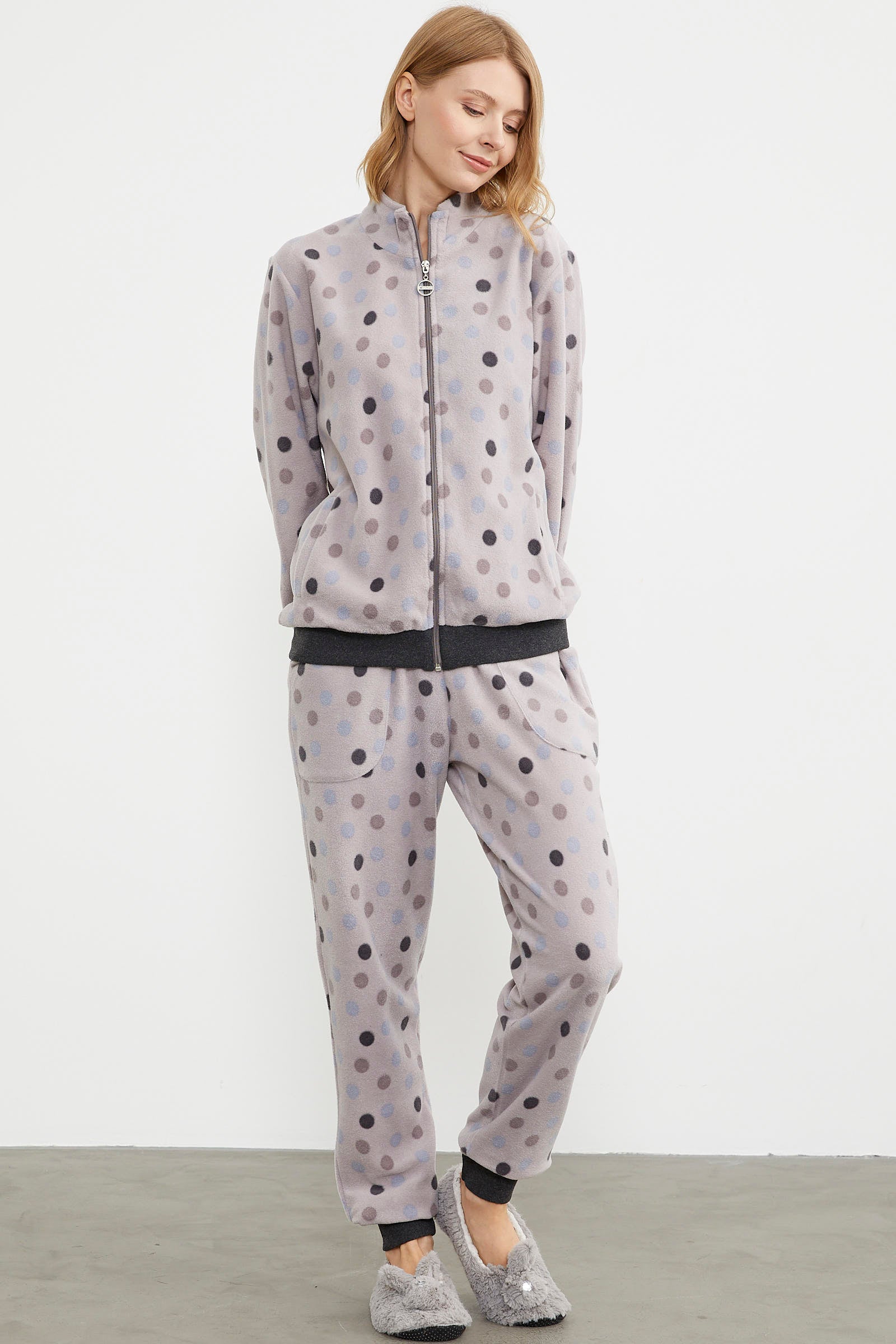 Renkli Puantiyeli Polar Eşofman Takım - Pudra (3) Sementa