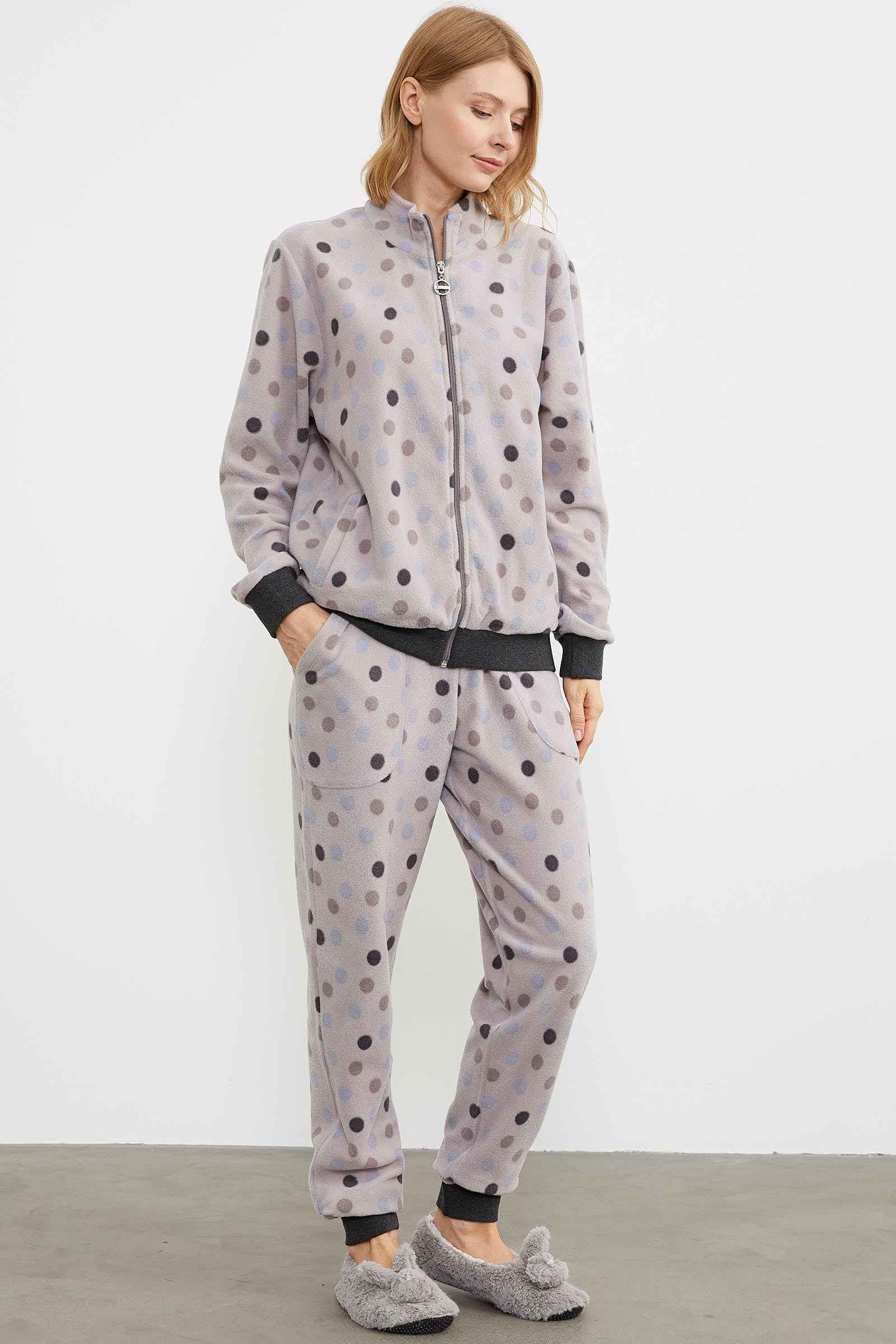 Renkli Puantiyeli Polar Eşofman Takım - Pudra (5) Sementa