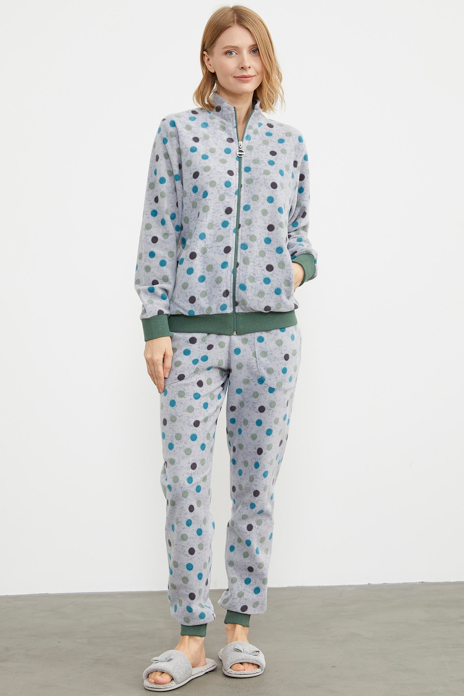 Renkli Puantiyeli Polar Eşofman Takım - Yeşil (4) Sementa