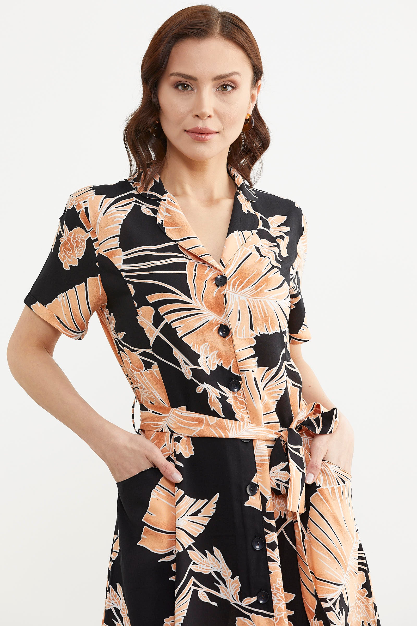 Renkli Yaprak Desenli Elbise - Siyah (2) Sementa