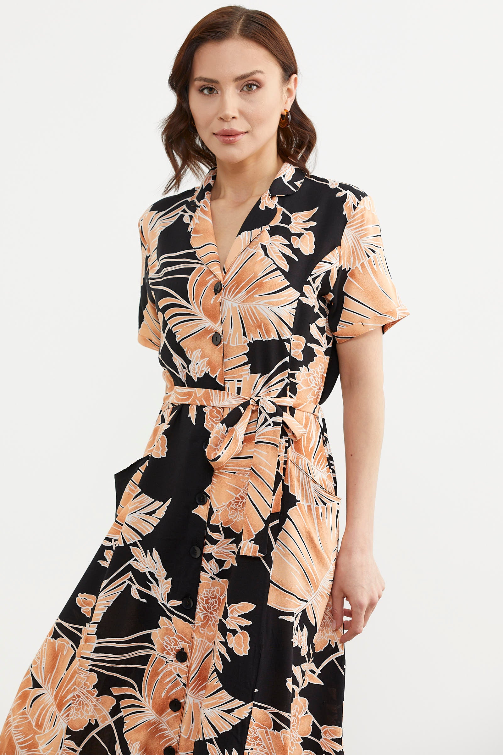 Renkli Yaprak Desenli Elbise - Siyah (5) Sementa