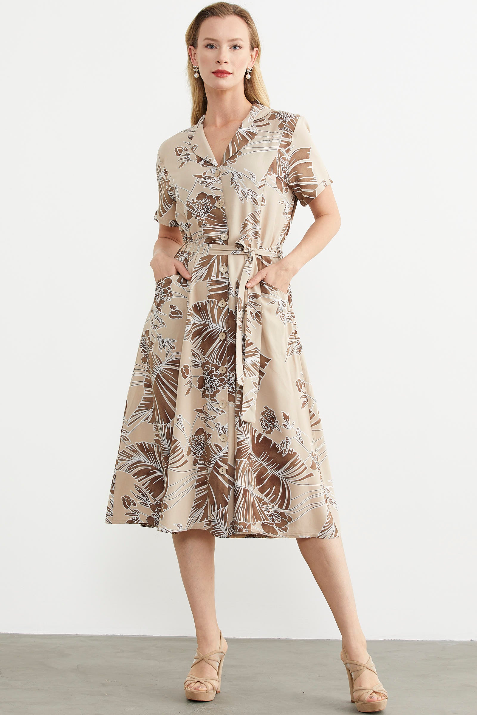 Renkli Yaprak Desenli Elbise - Vizon (1) Sementa