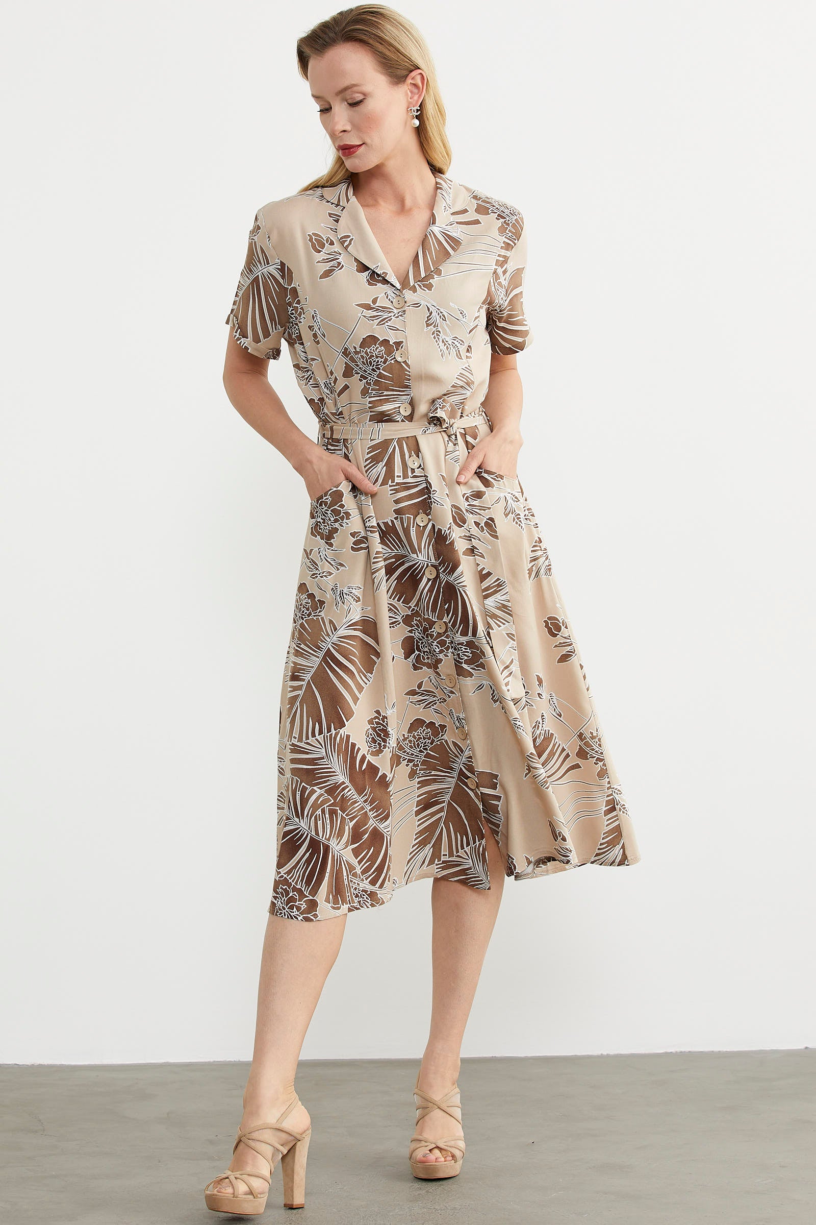 Renkli Yaprak Desenli Elbise - Vizon (2) Sementa