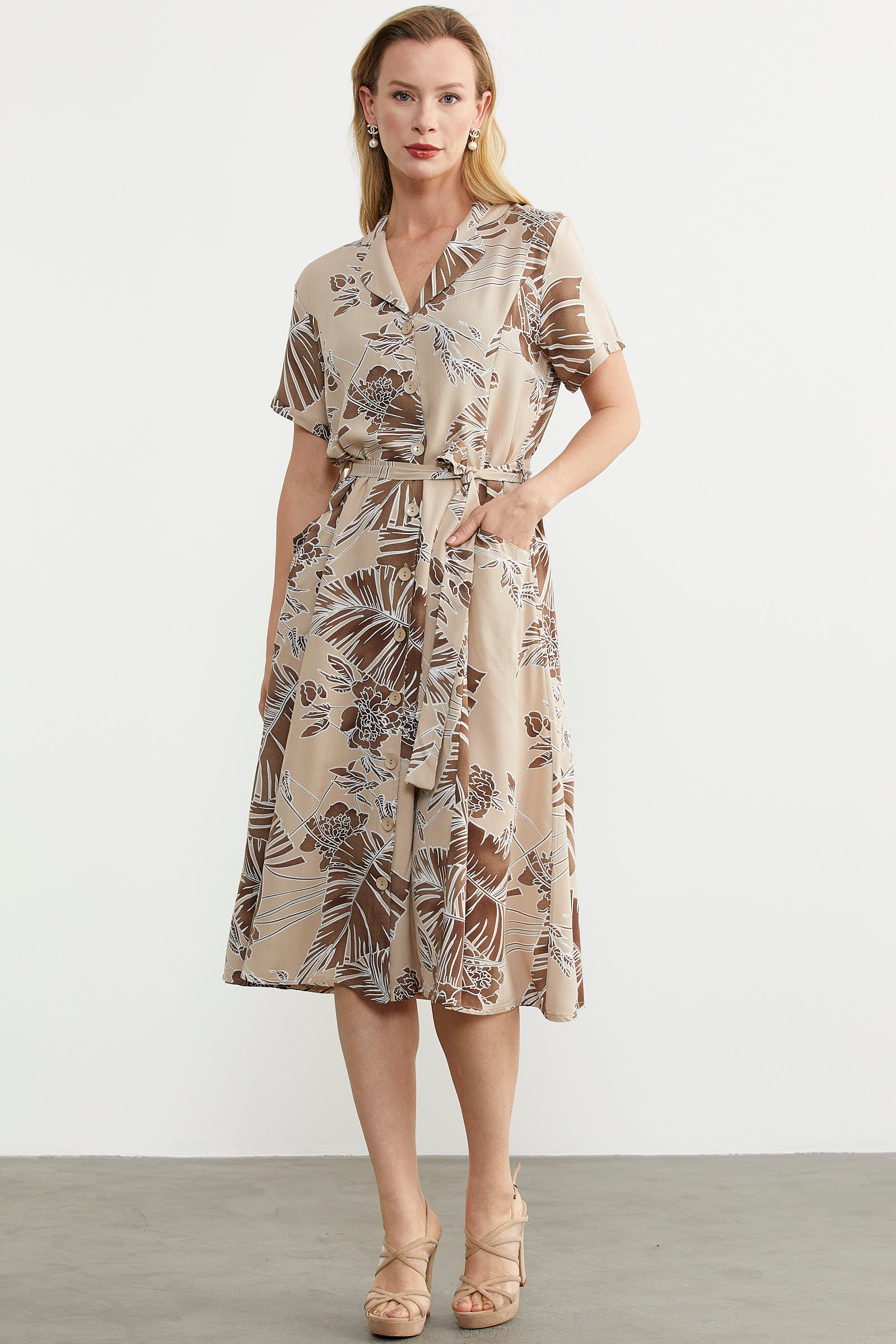 Renkli Yaprak Desenli Elbise - Vizon (4) Sementa