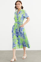 Renkli Yaprak Desenli Elbise - Yeşil (2) Sementa