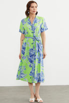 Renkli Yaprak Desenli Elbise - Yeşil (3) Sementa