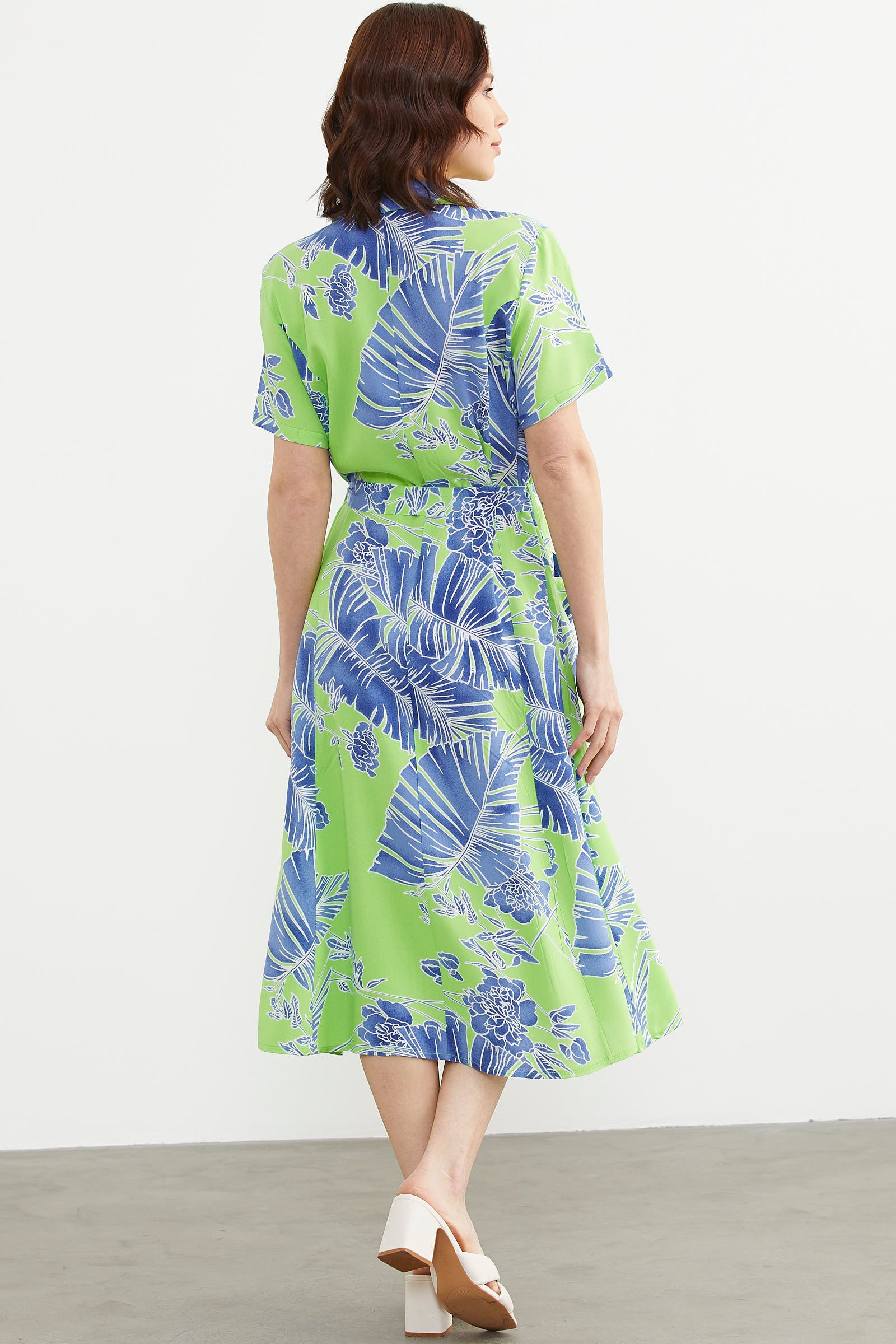 Renkli Yaprak Desenli Elbise - Yeşil (5) Sementa