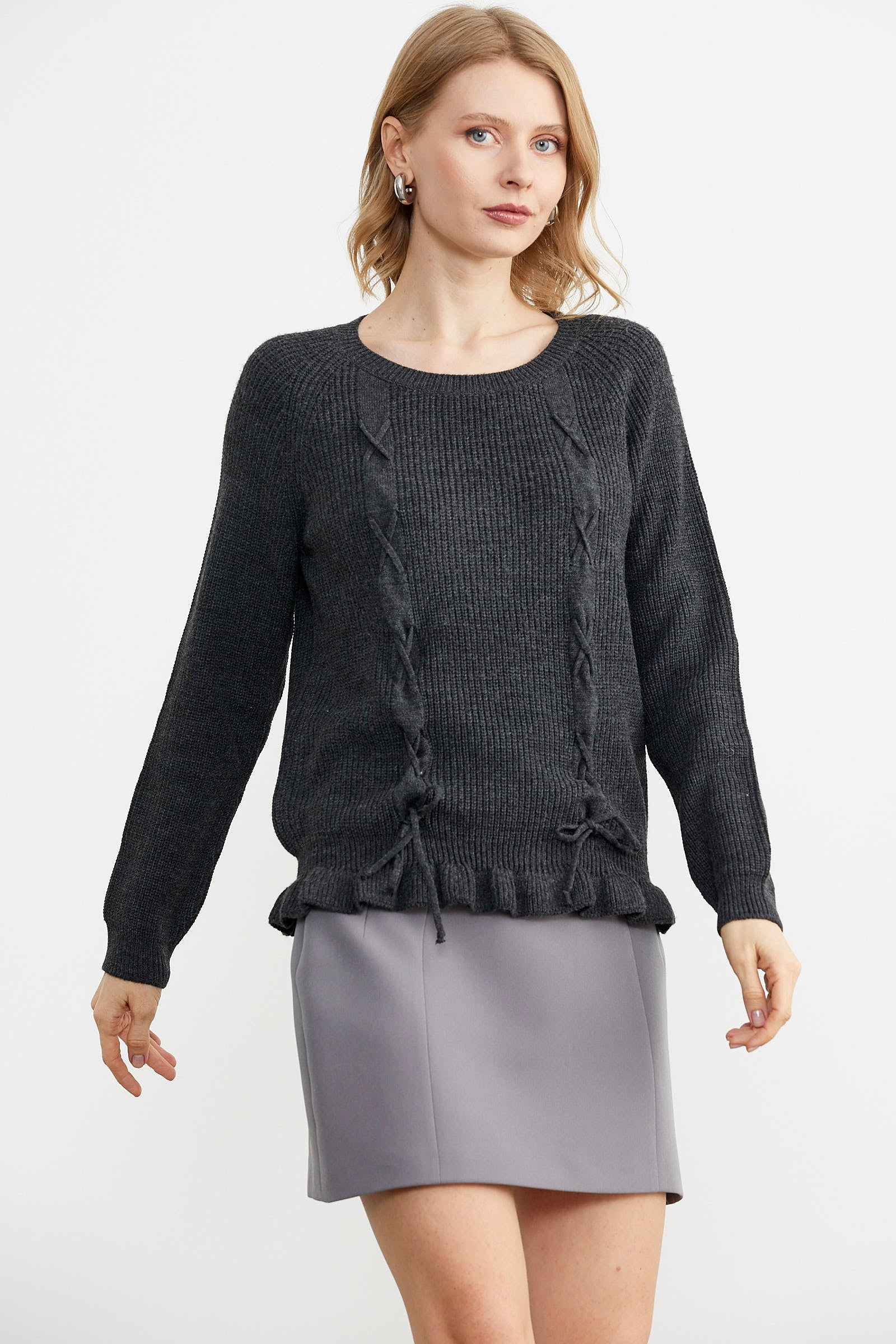 Saç Örgü Detaylı Triko Kazak - Antrasit (3) Sementa