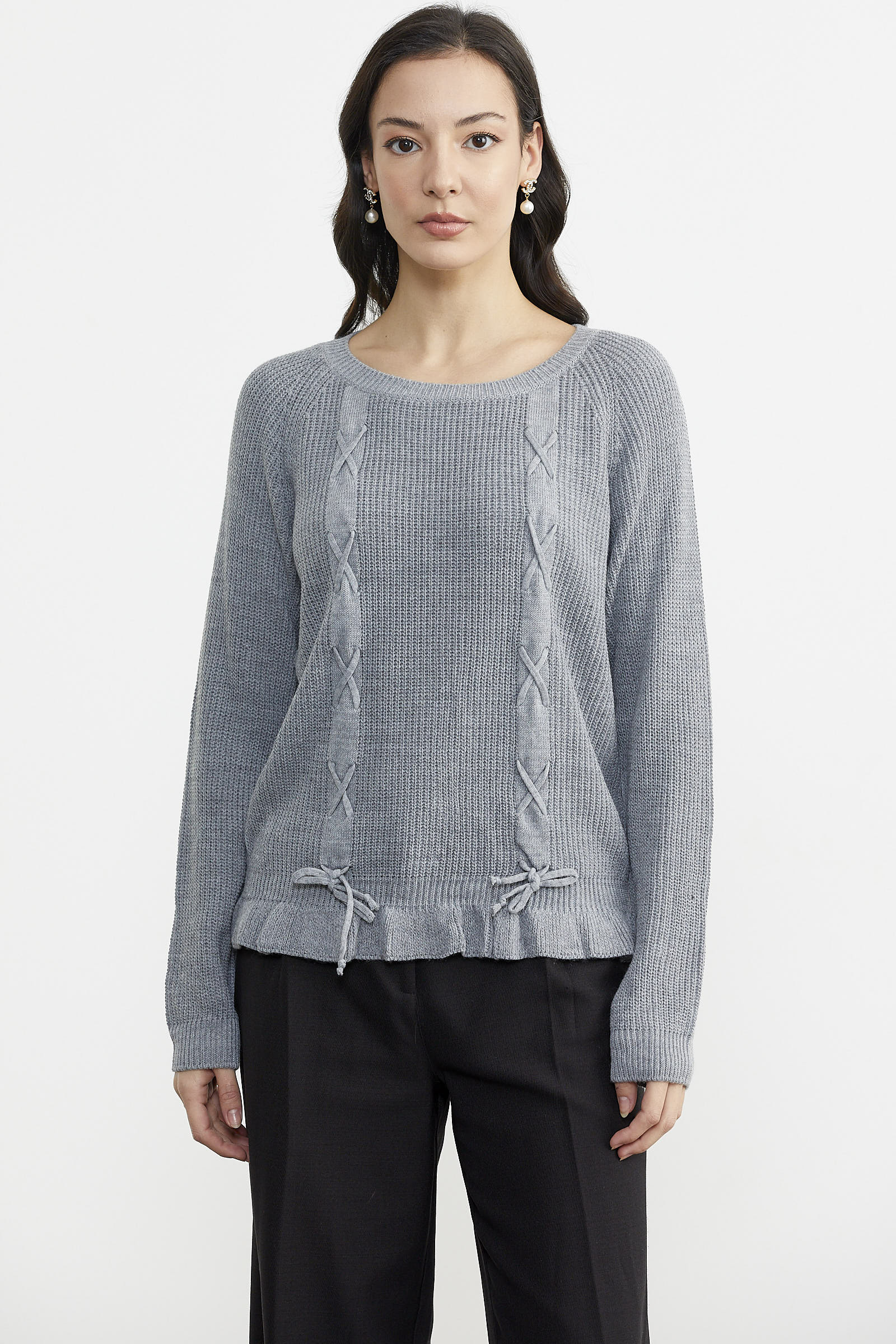 Saç Örgü Detaylı Triko Kazak - Gri (1) Sementa