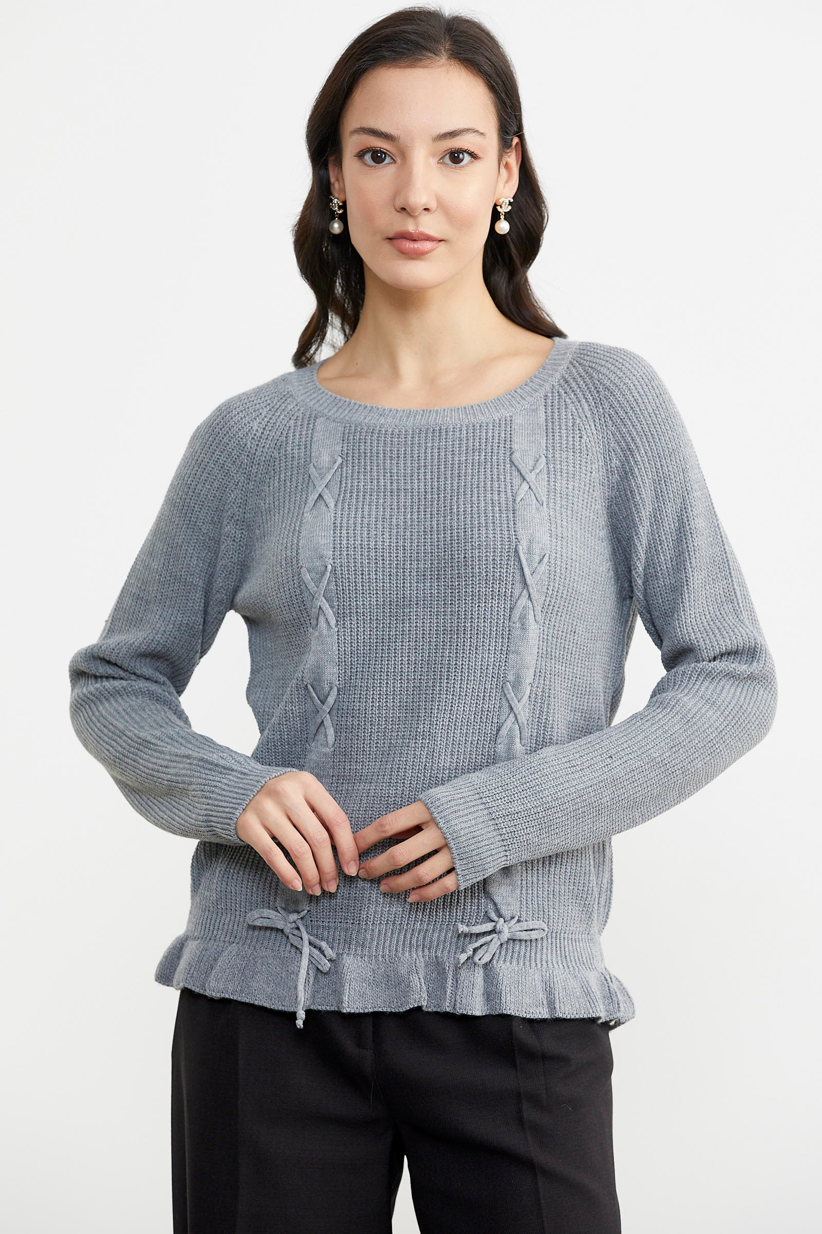 Saç Örgü Detaylı Triko Kazak - Gri (2) Sementa