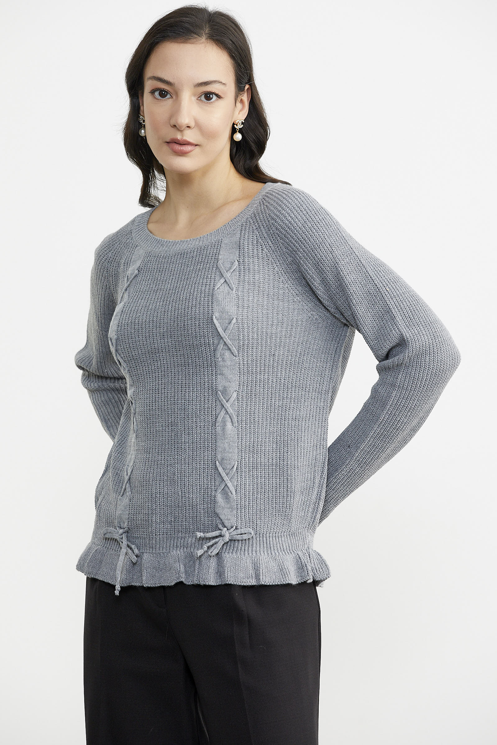 Saç Örgü Detaylı Triko Kazak - Gri (3) Sementa