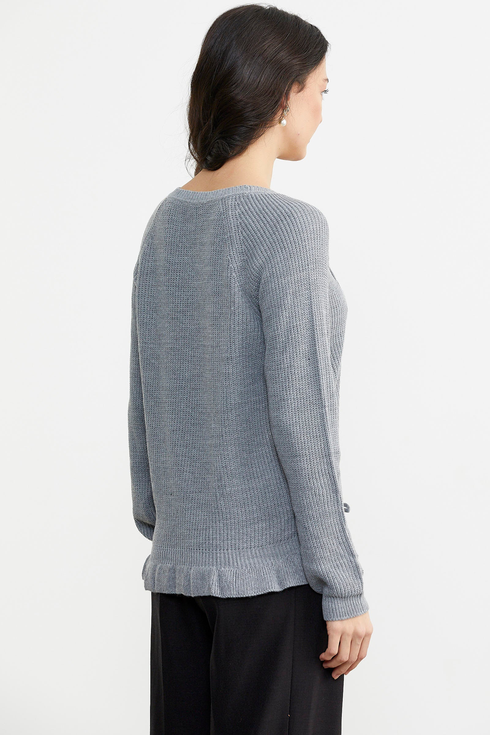 Saç Örgü Detaylı Triko Kazak - Gri (4) Sementa